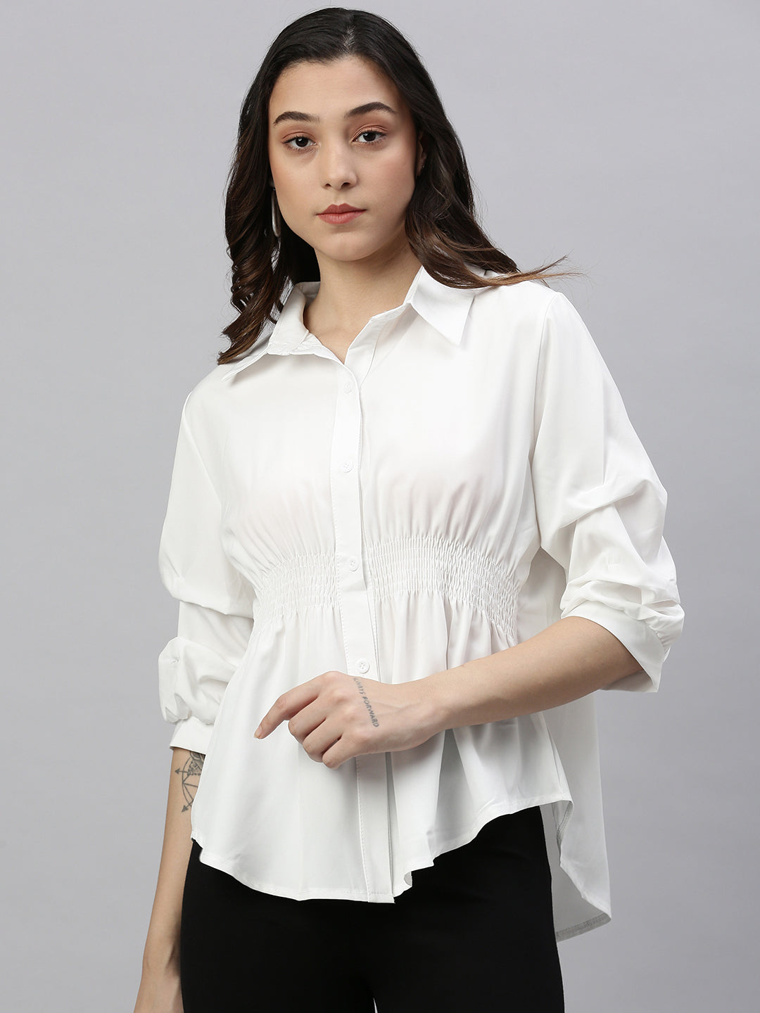 Women Solid White Cinched Waist Smocked Top