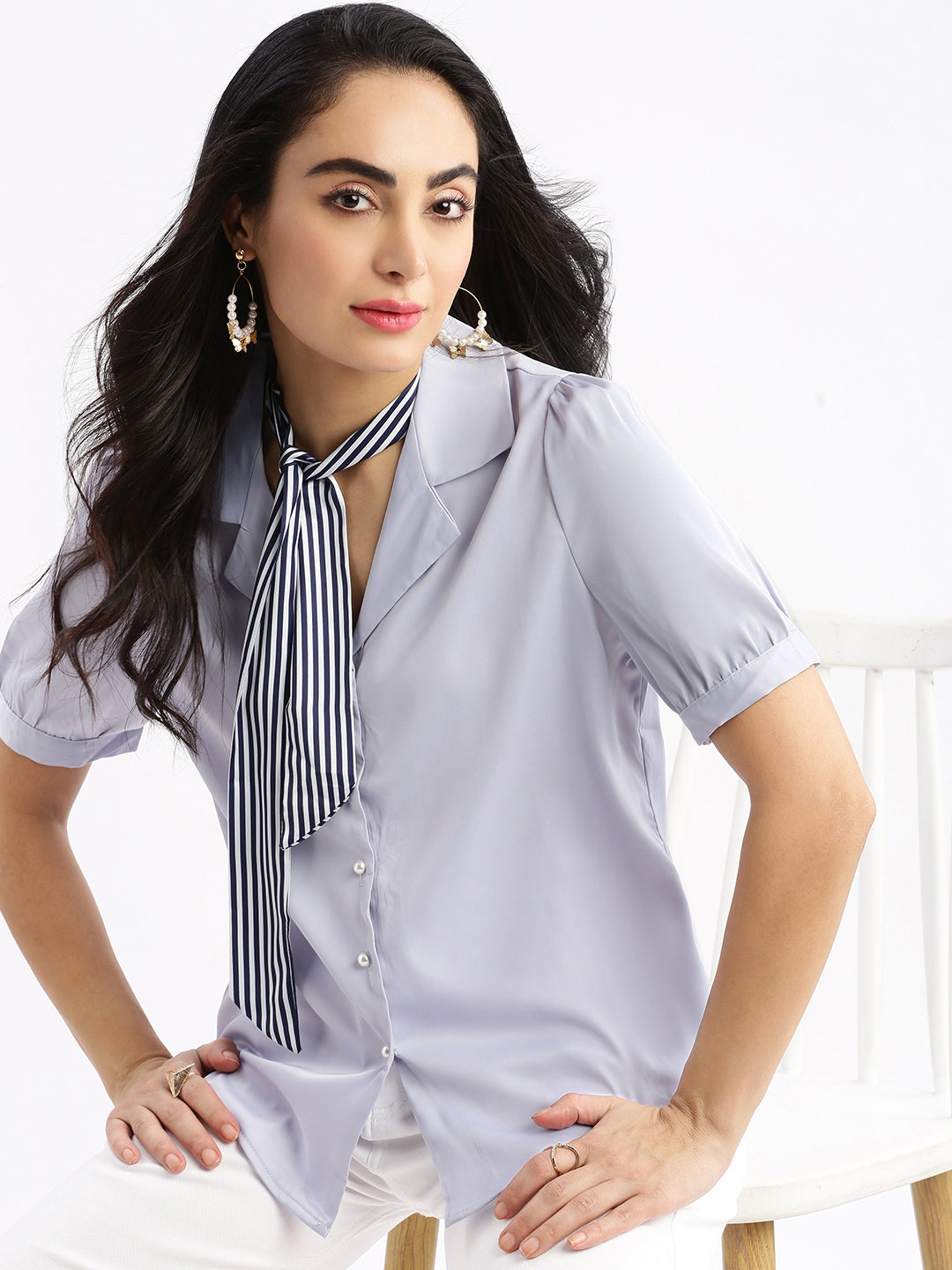 Women Solid Cuban Collar Lavender Relaxed Fit Shirt