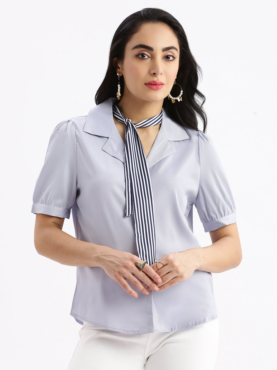 Women Solid Cuban Collar Lavender Relaxed Fit Shirt