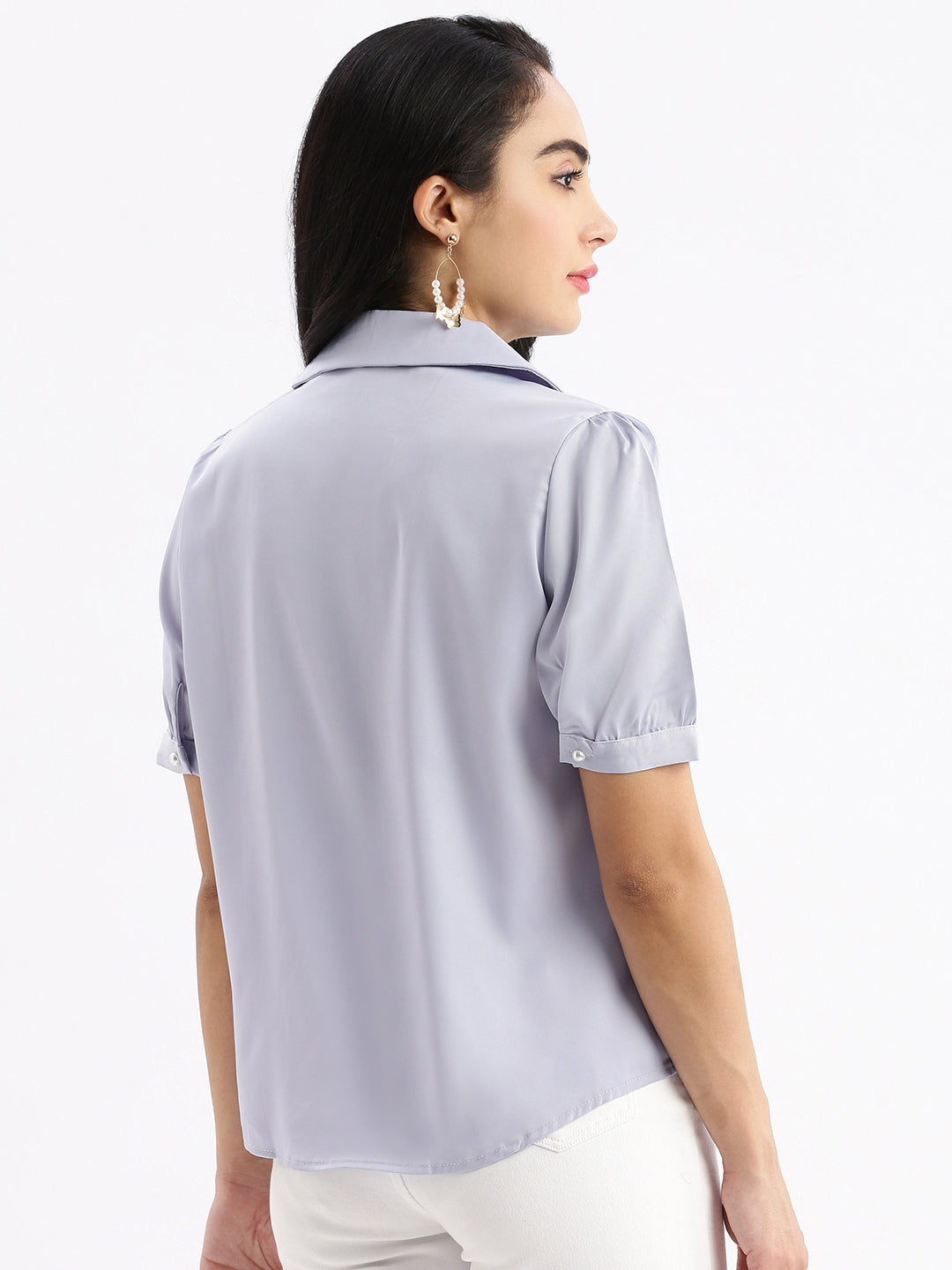 Women Solid Cuban Collar Lavender Relaxed Fit Shirt