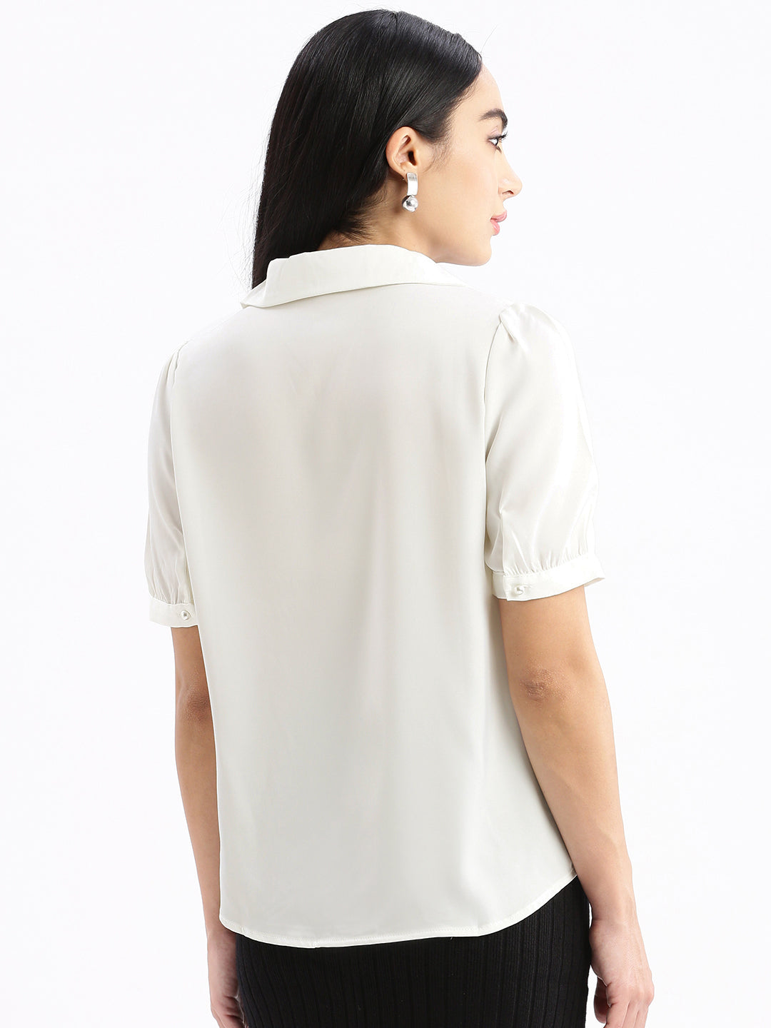 Women Solid Cuban Collar White Relaxed Fit Shirt