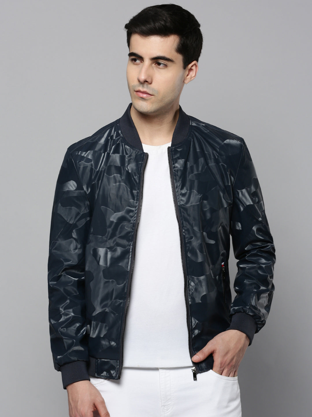 Men Hooded Solid Navy Blue Leather Jacket