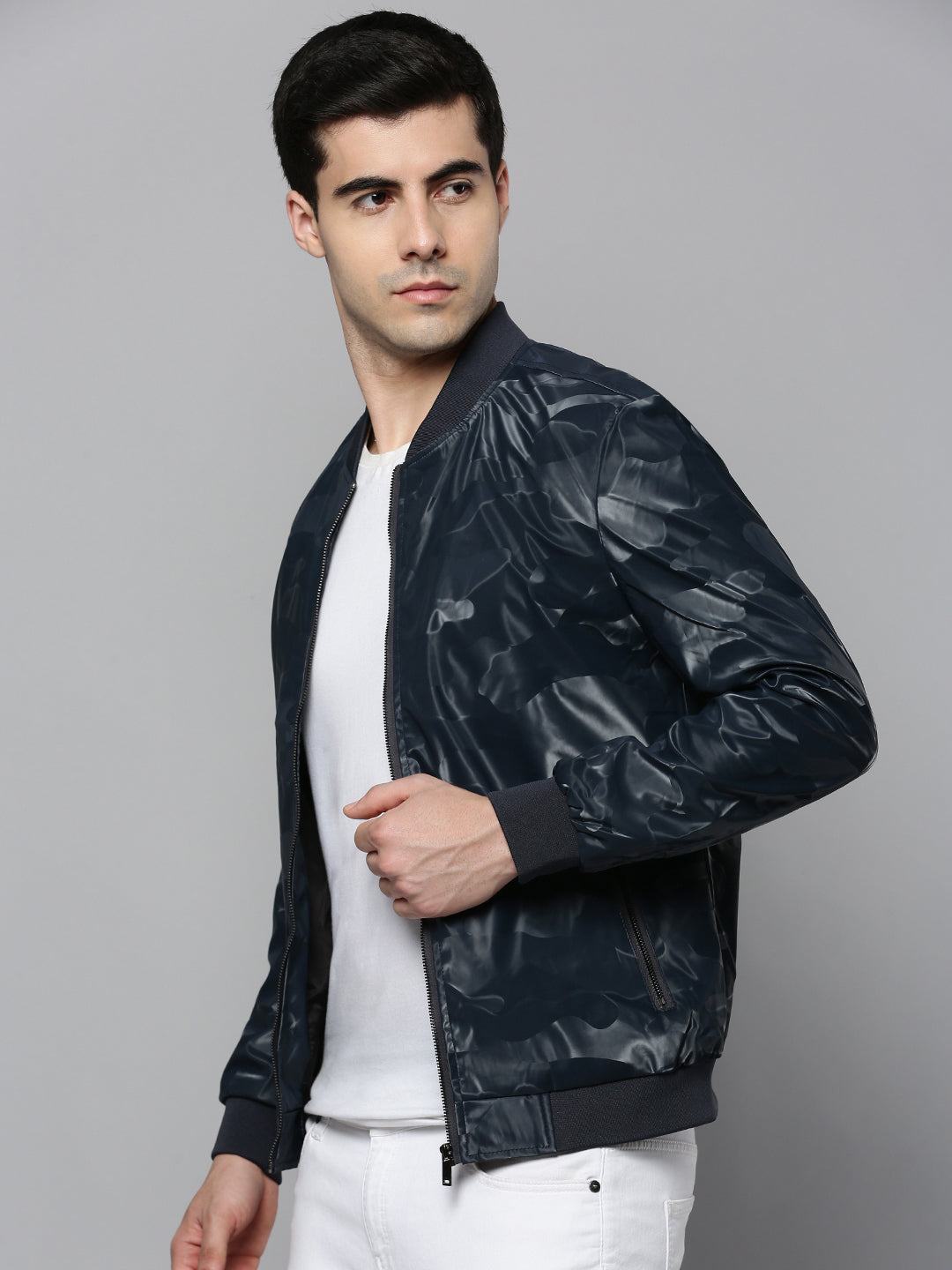 Men Hooded Solid Navy Blue Leather Jacket