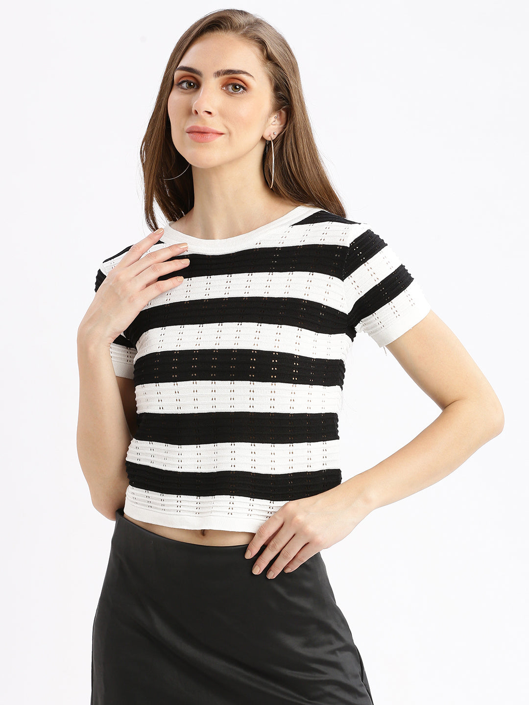 Women Self Design Black Crop Top