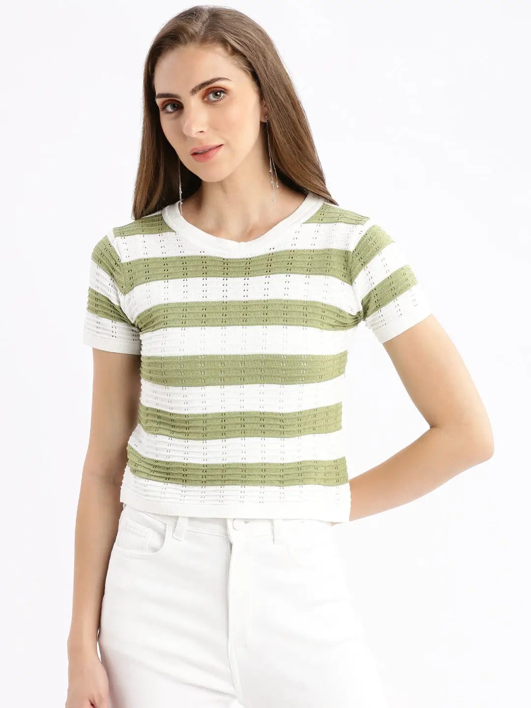 Women's Self Design Green Crop Top
