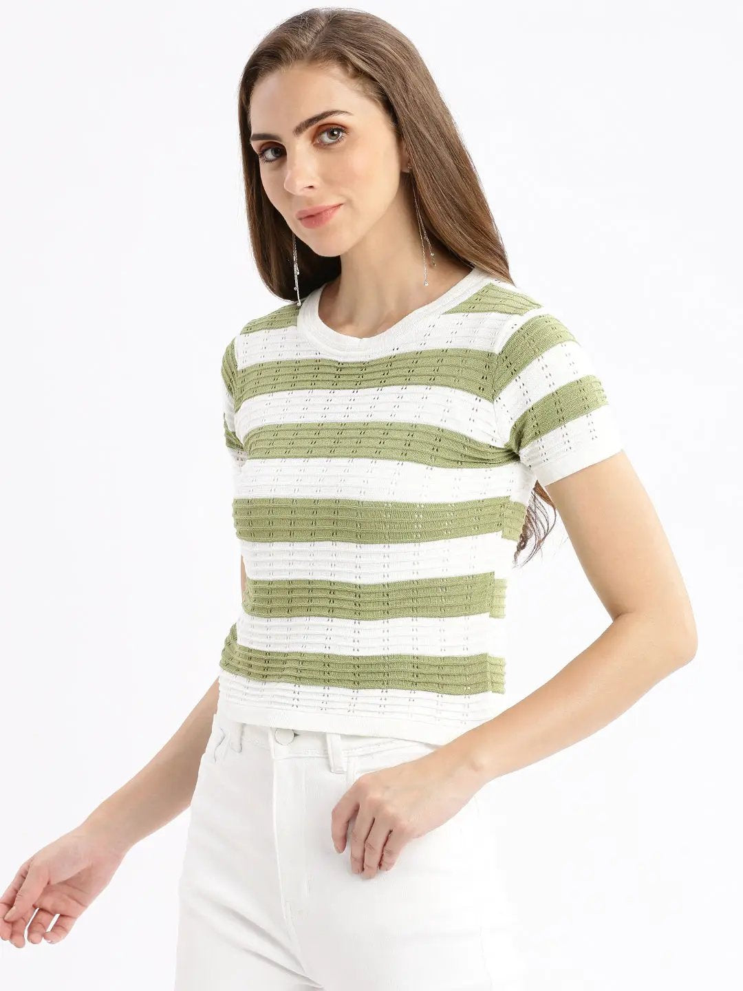 Women's Self Design Green Crop Top