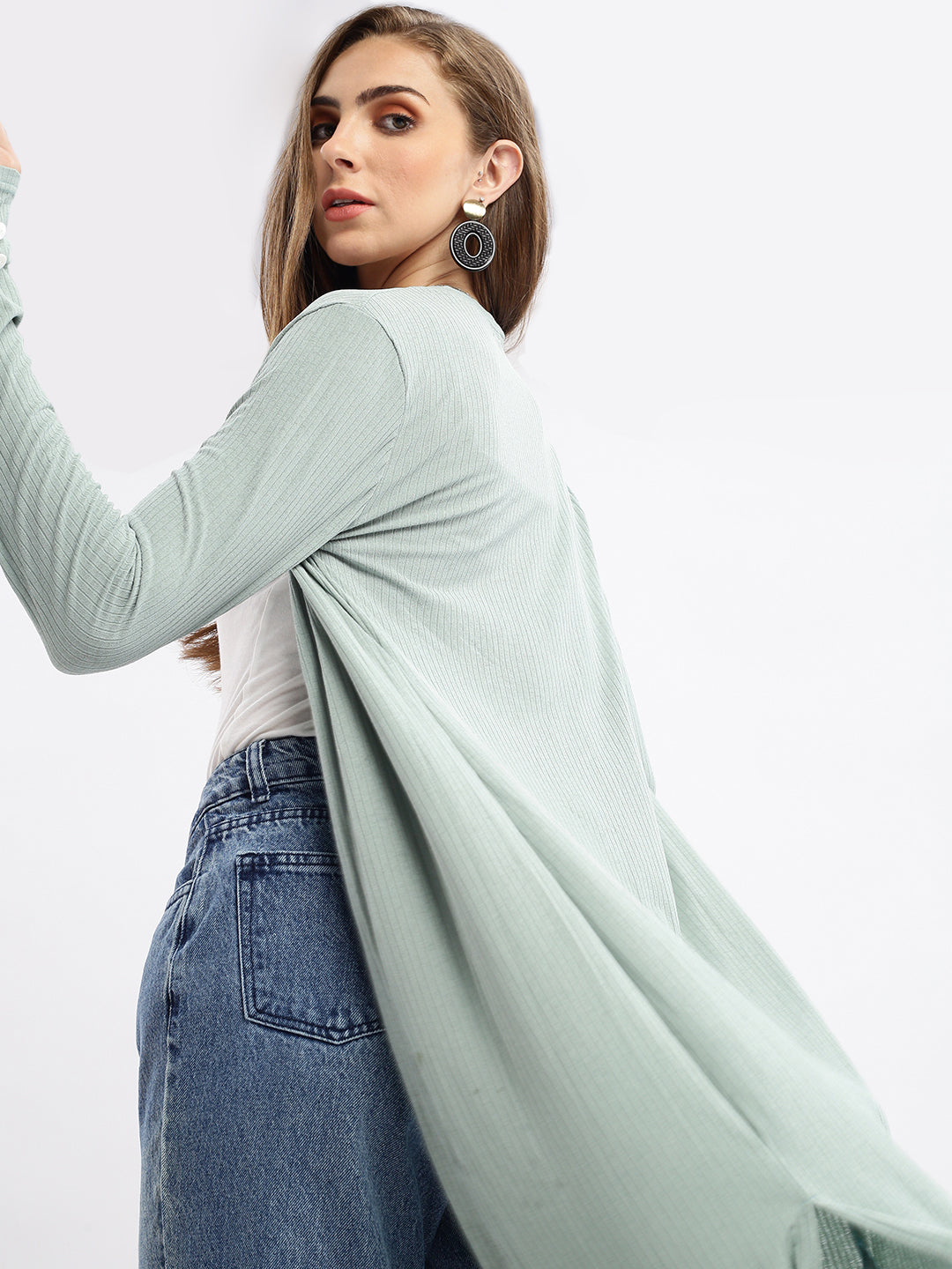 Women Sea Green Self Design Open Front Longline Shrug