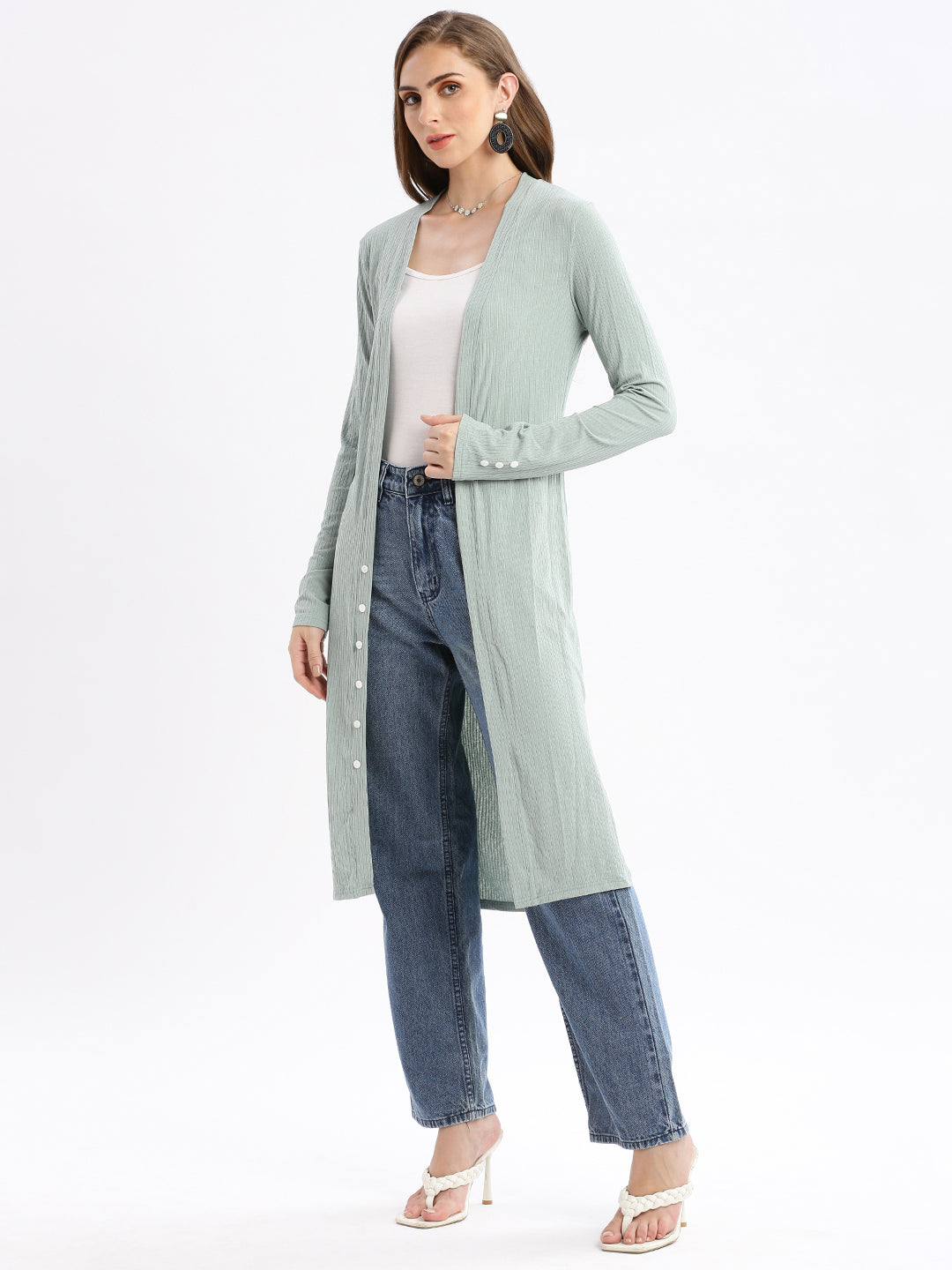 Women Sea Green Self Design Open Front Longline Shrug