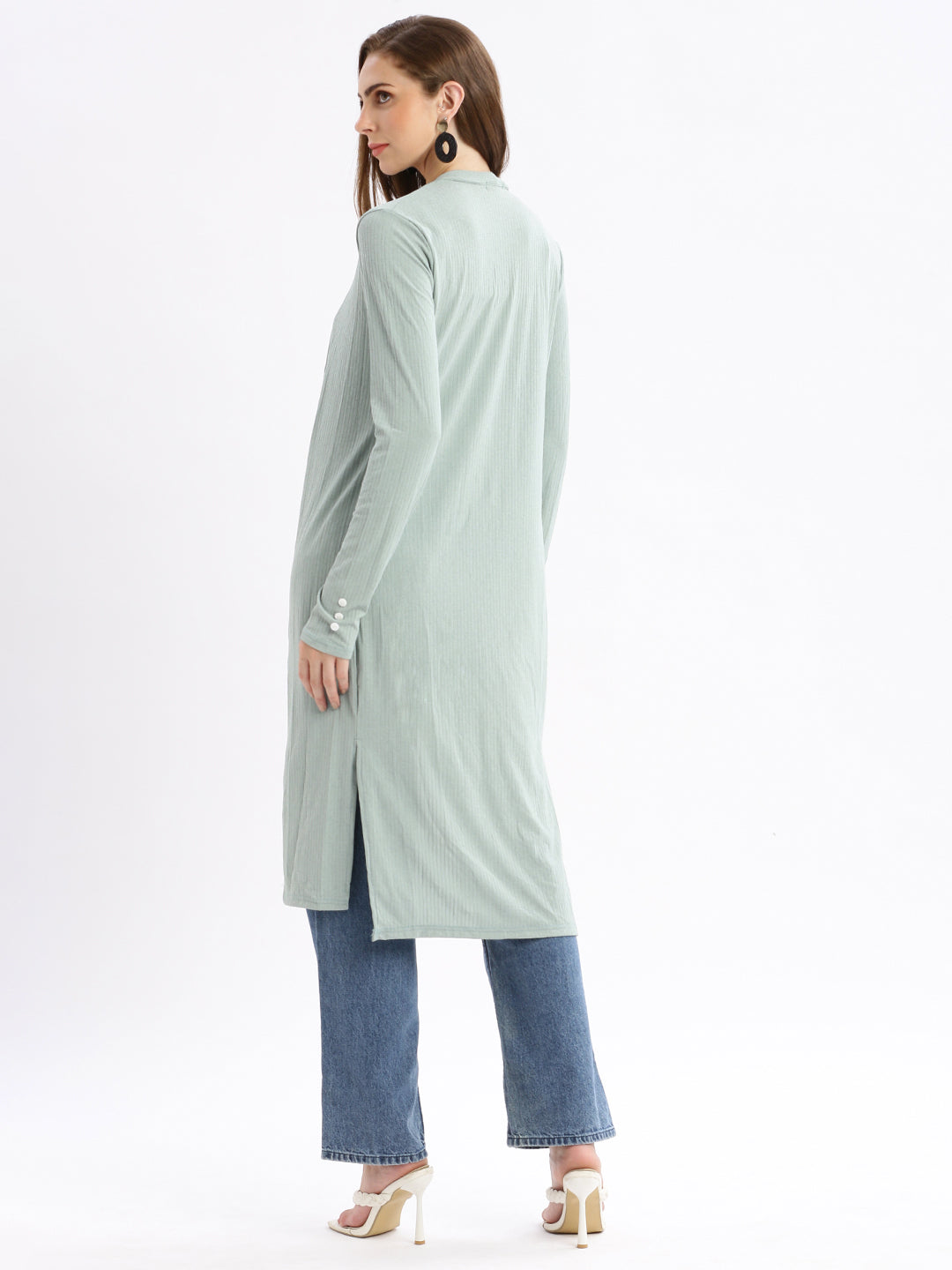 Women Sea Green Self Design Open Front Longline Shrug