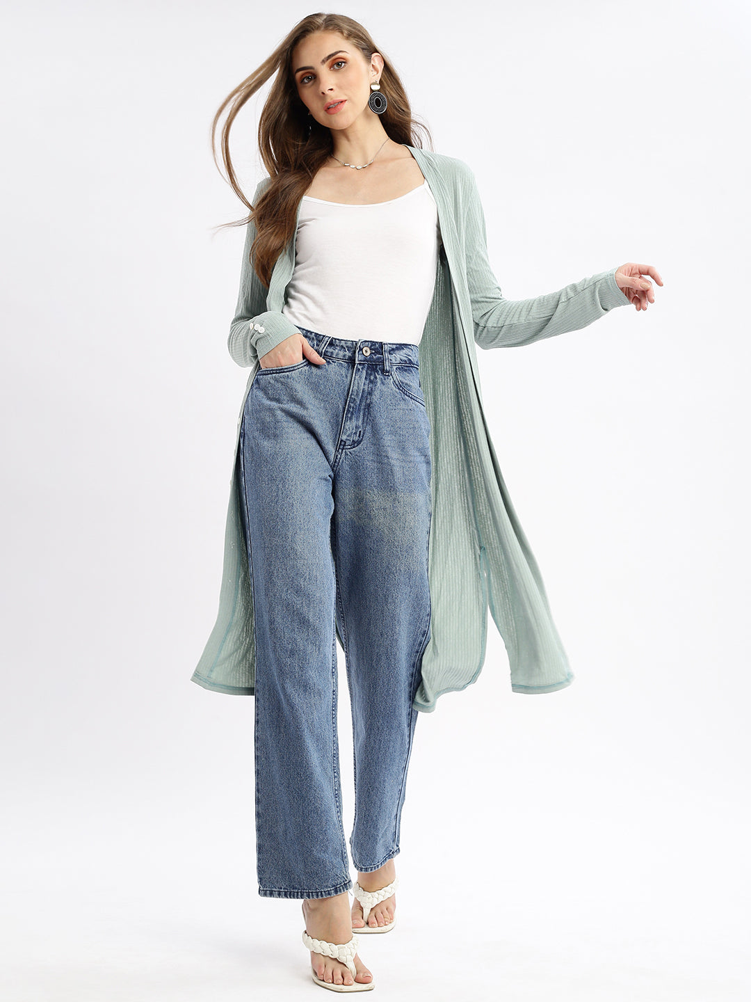 Women Sea Green Self Design Open Front Longline Shrug