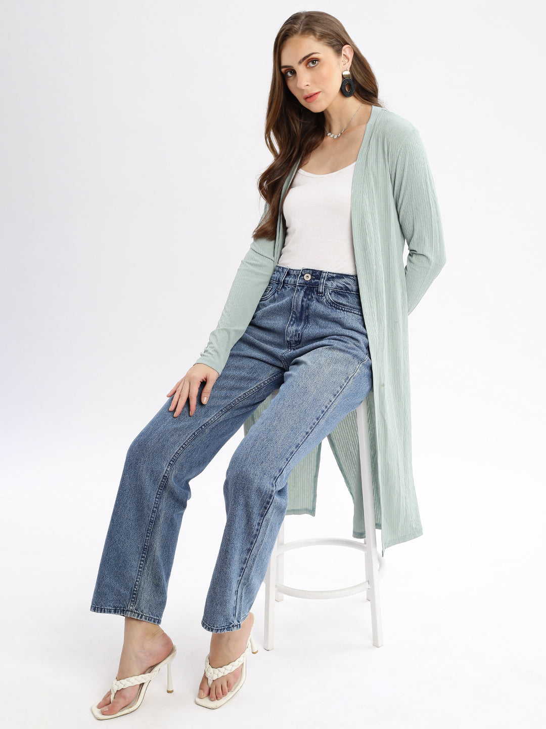 Women Sea Green Self Design Open Front Longline Shrug