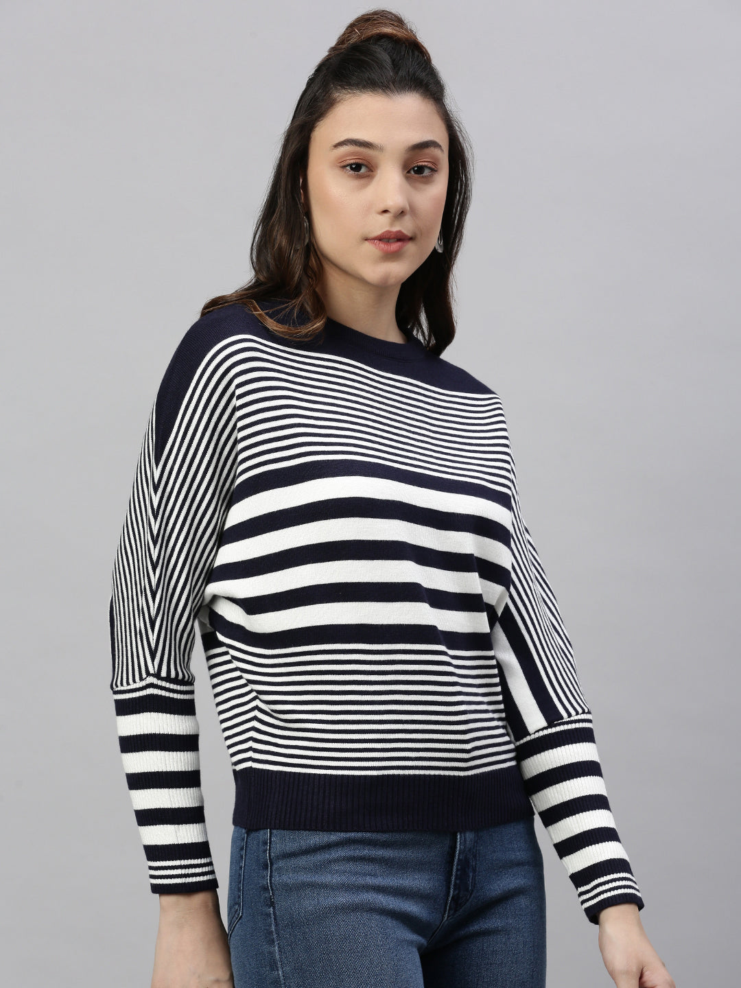 Women's Navy Blue Horizontal Striped Round Neck Acrylic Top