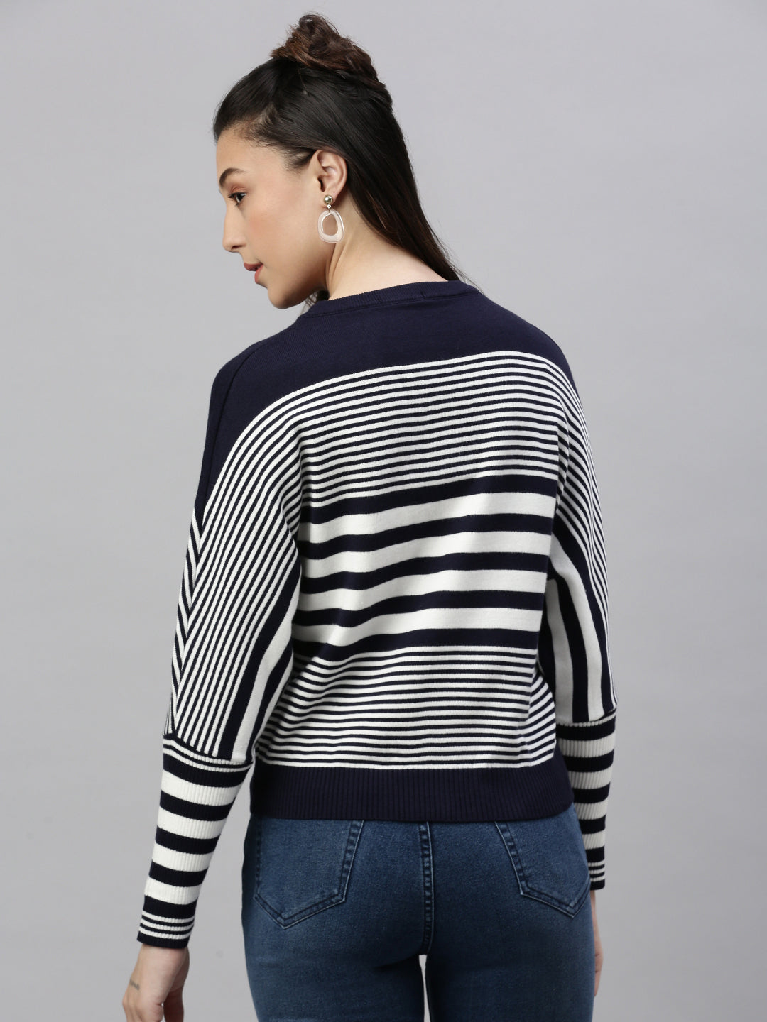 Women's Navy Blue Horizontal Striped Round Neck Acrylic Top