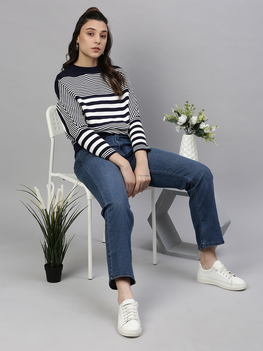 Women's Navy Blue Horizontal Striped Round Neck Acrylic Top