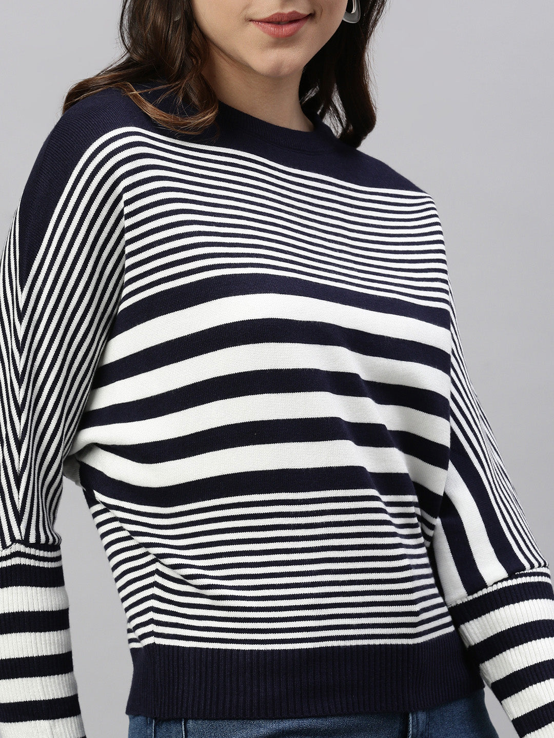 Women's Navy Blue Horizontal Striped Round Neck Acrylic Top
