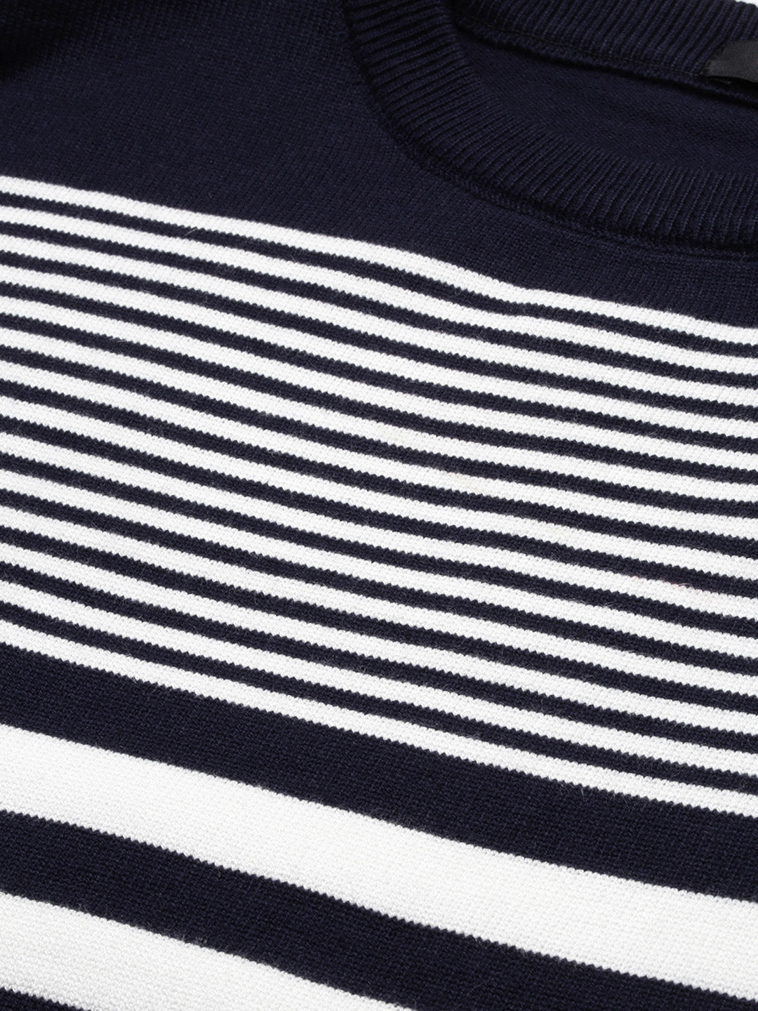 Women's Navy Blue Horizontal Striped Round Neck Acrylic Top