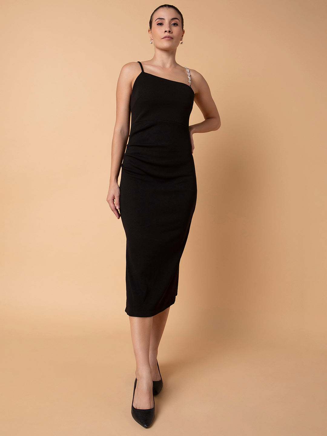 Women Solid Black Midi Sheath Dress