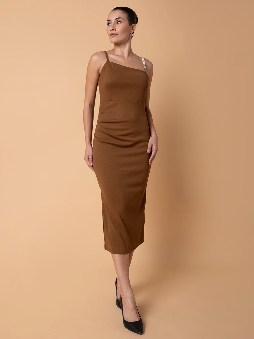 Women Solid Brown Midi Sheath Dress