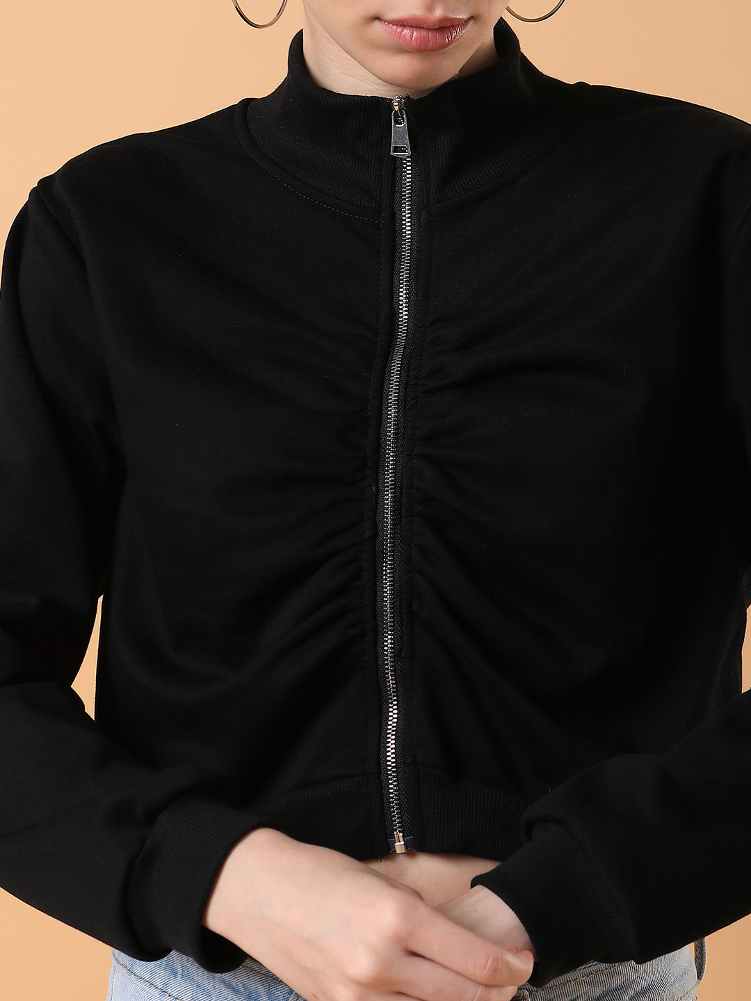 Women Solid Black Front-Open Sweatshirt