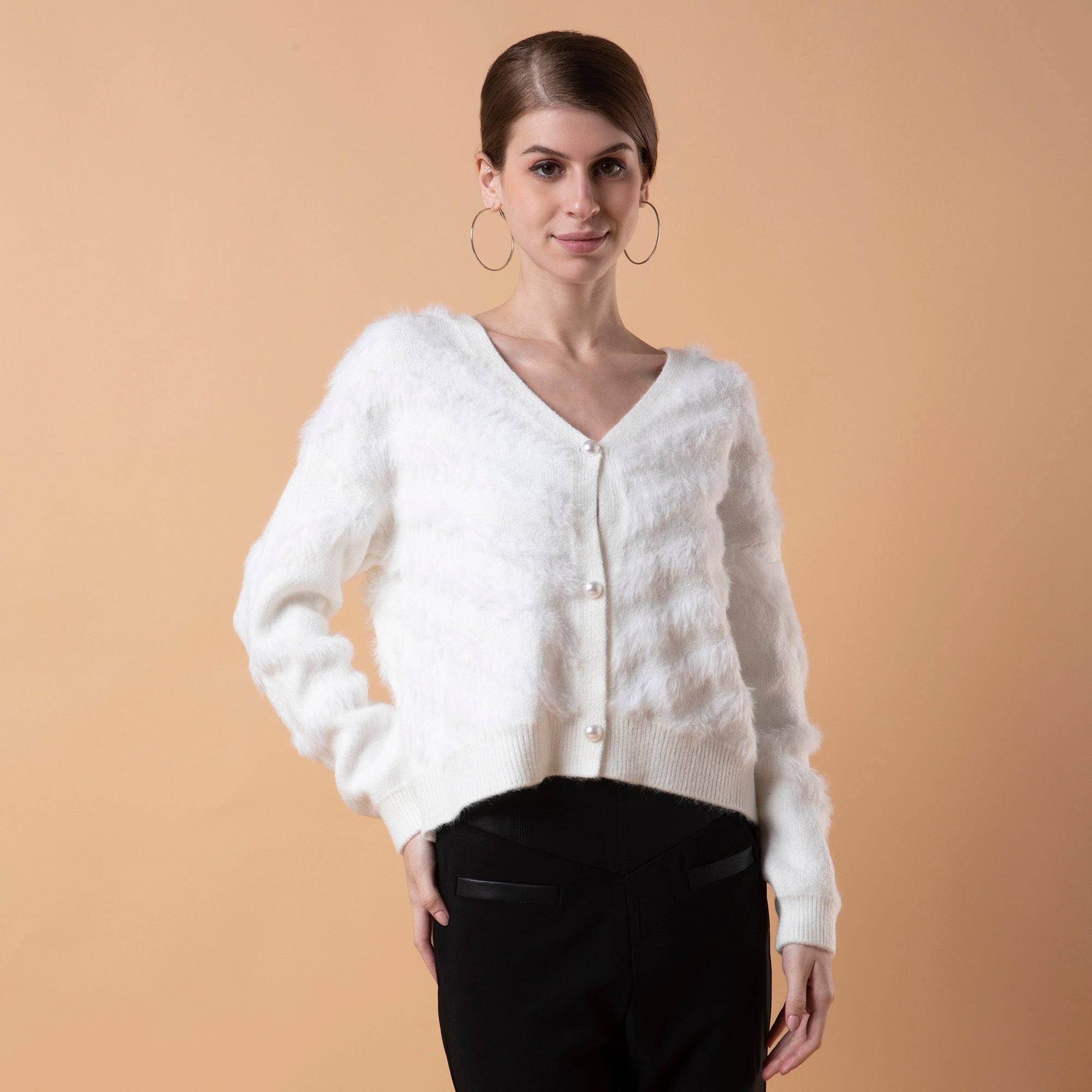 Women Solid White Cardigan