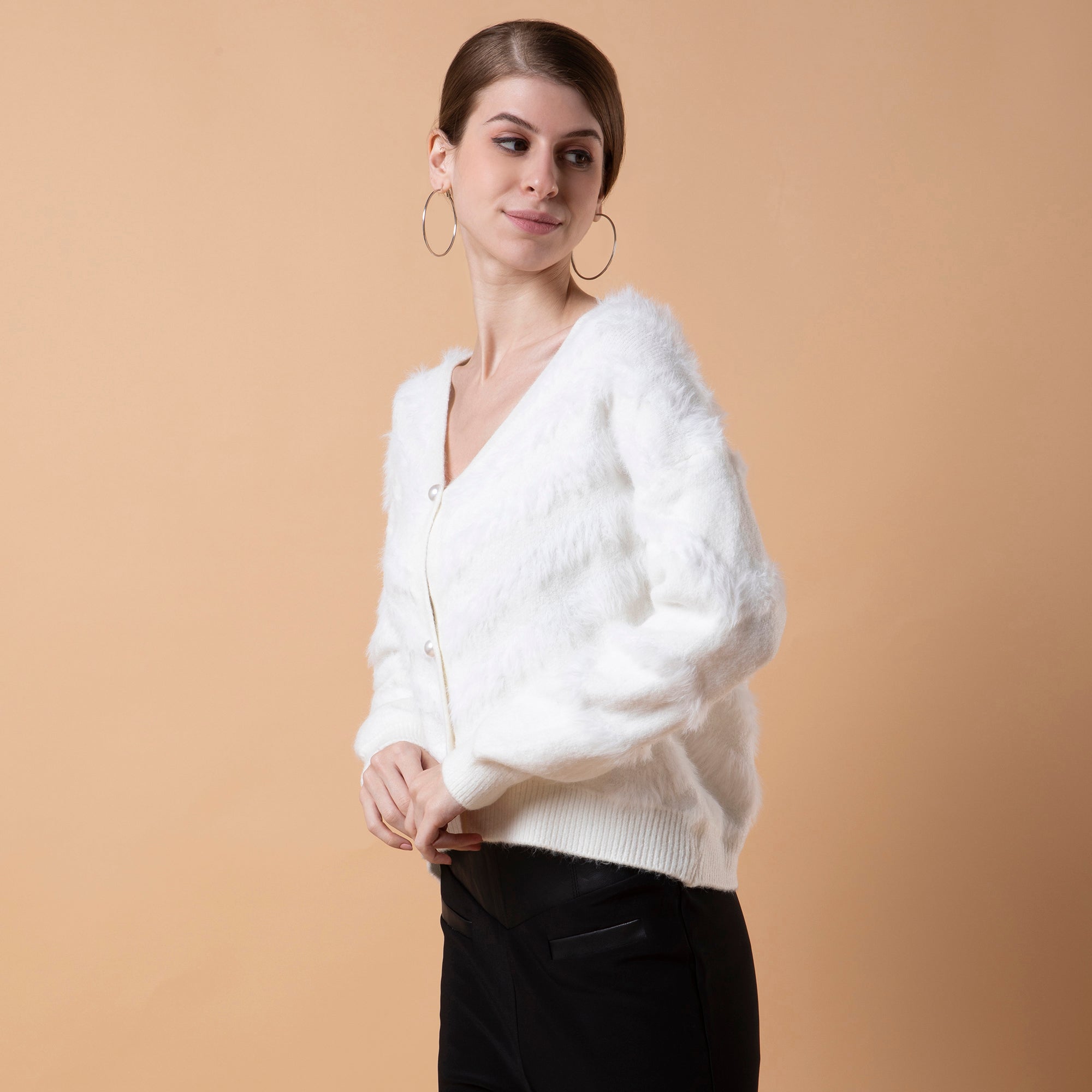 Women Solid White Cardigan