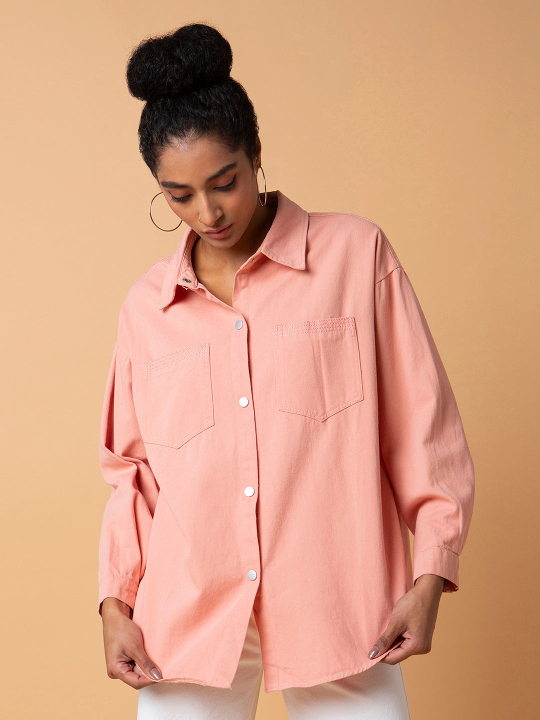 Women Solid Peach Oversized Shirt