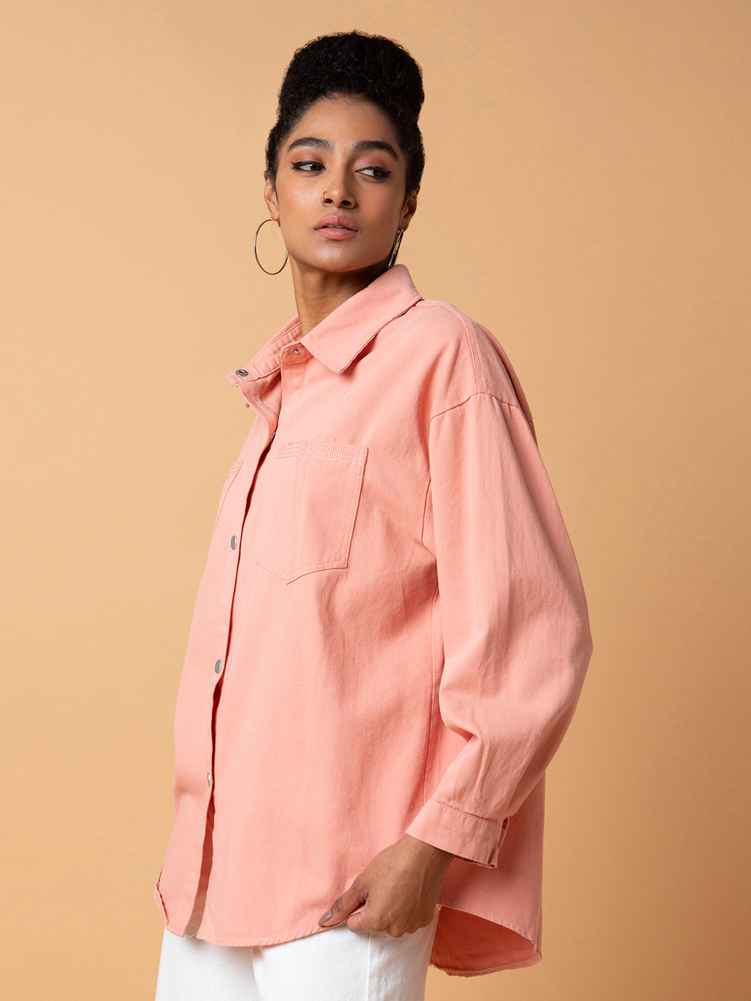 Women Solid Peach Oversized Shirt