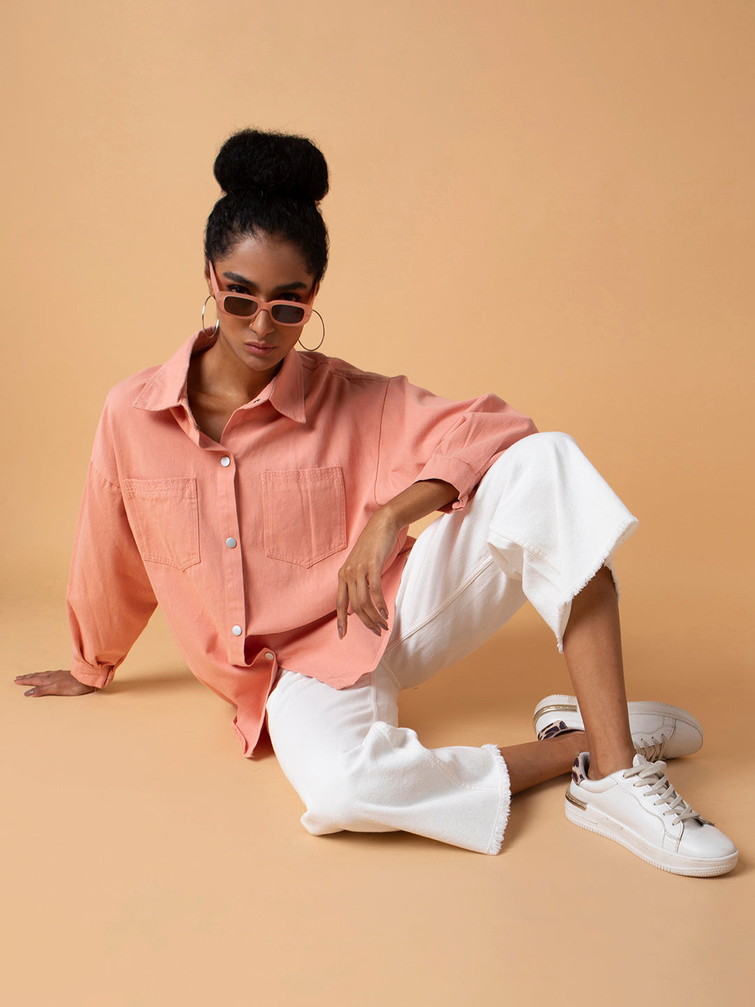 Women Solid Peach Oversized Shirt