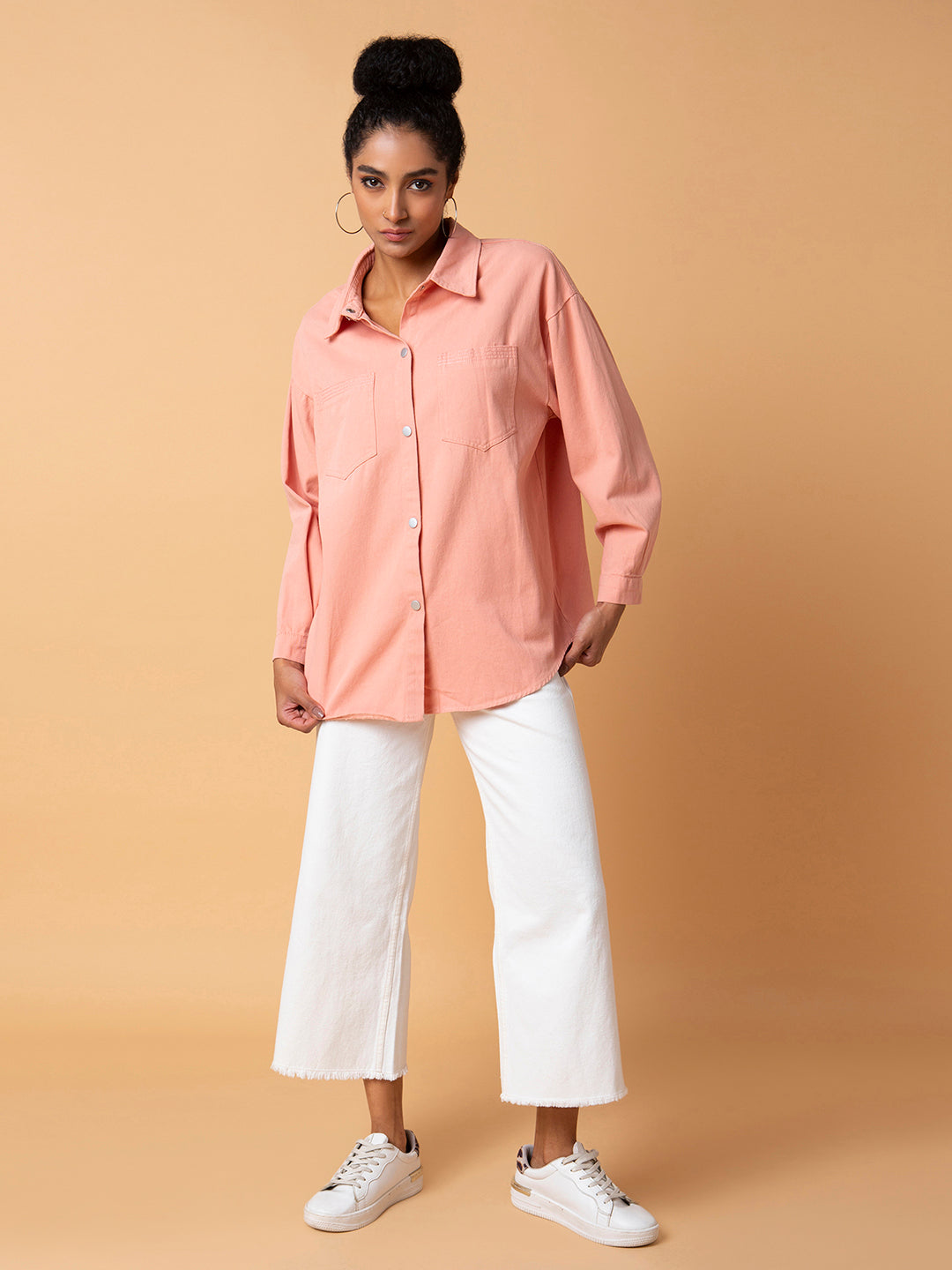 Women Solid Peach Oversized Shirt