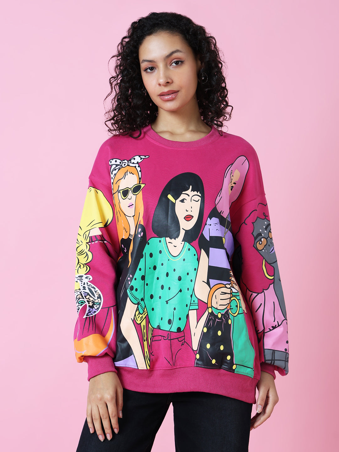 Women Graphic Pink Oversized Pullover