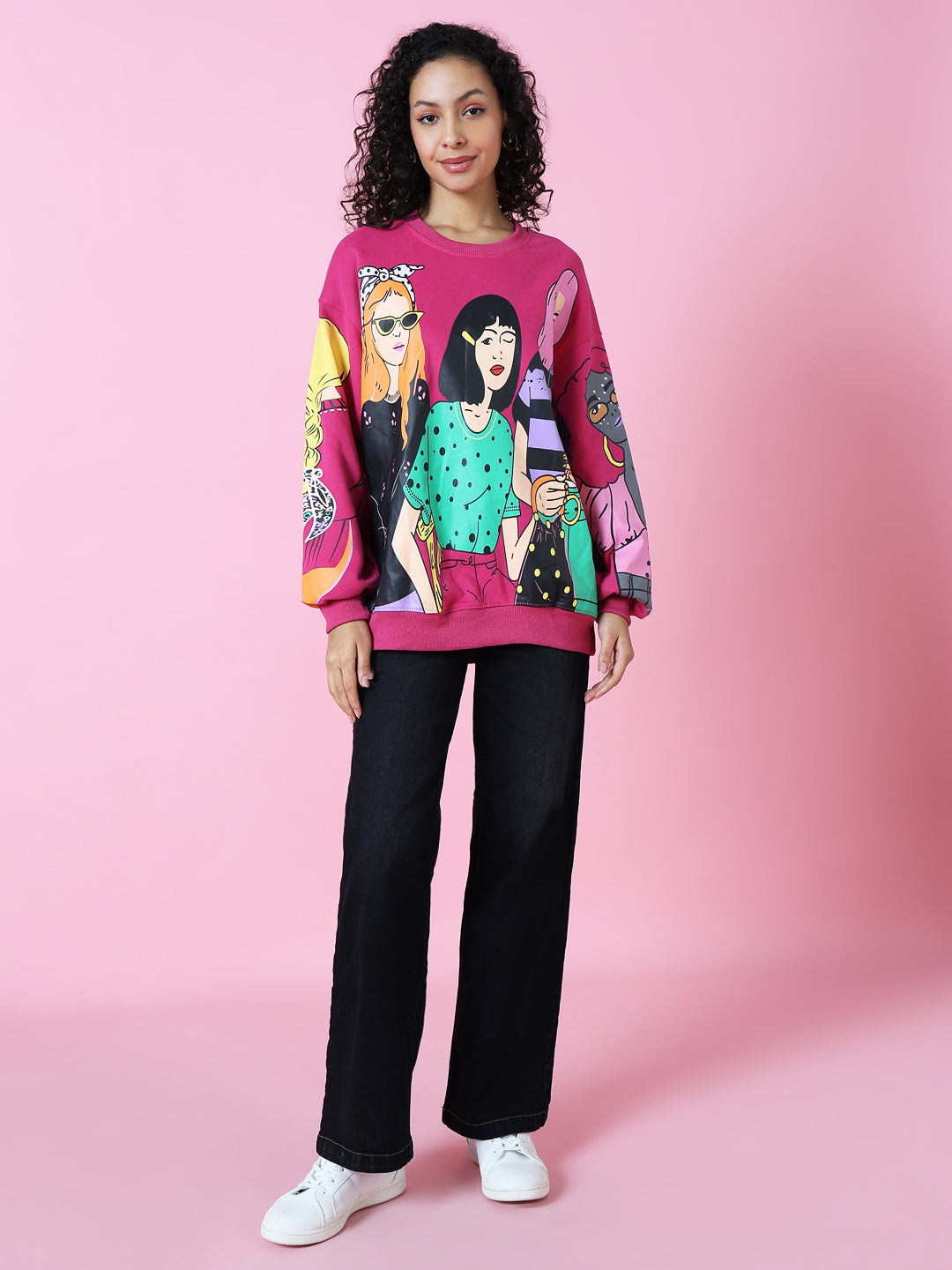 Women Graphic Pink Oversized Pullover