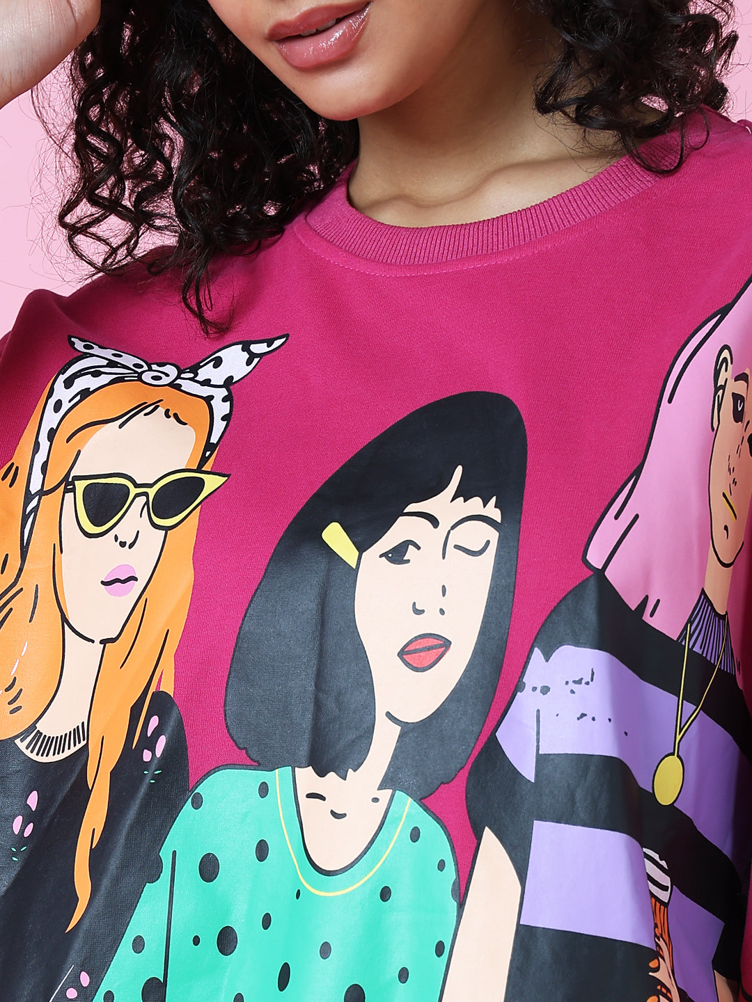 Women Graphic Pink Oversized Pullover