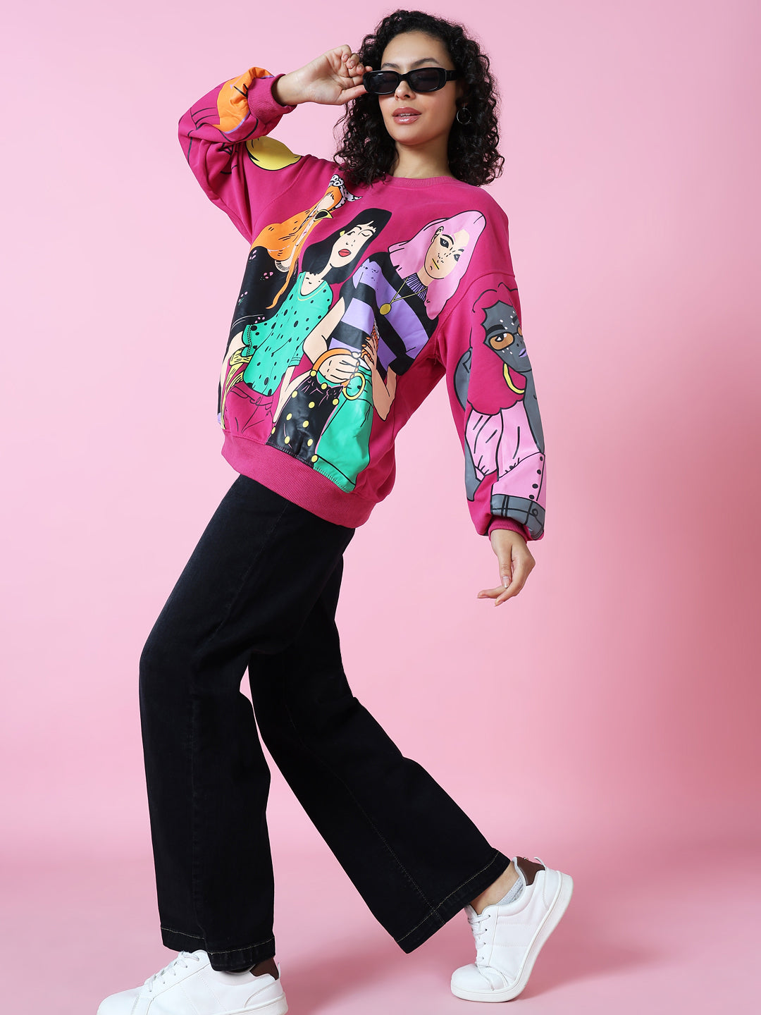 Women Graphic Pink Oversized Pullover