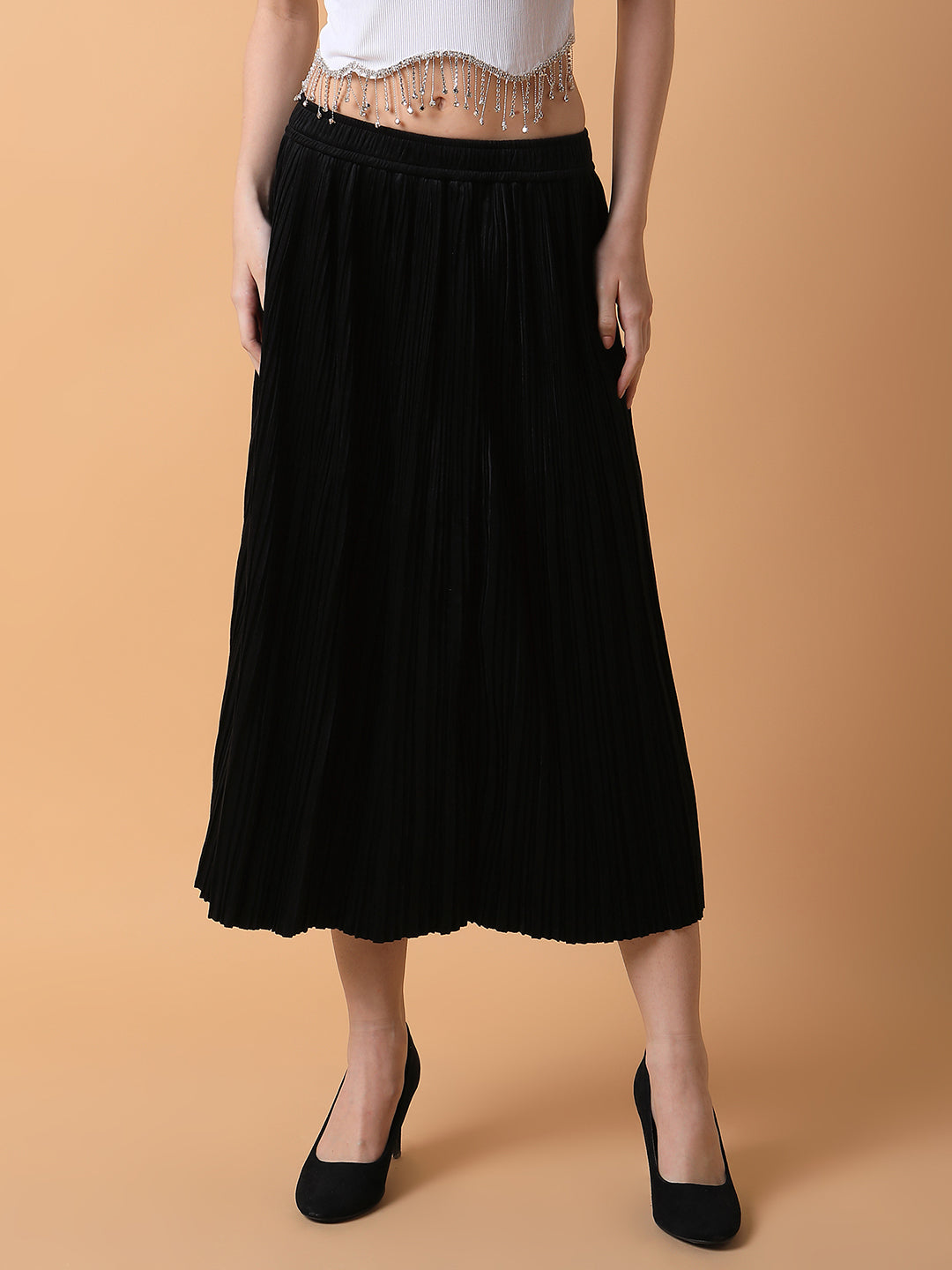 Women Solid Black Flared Midi Skirt