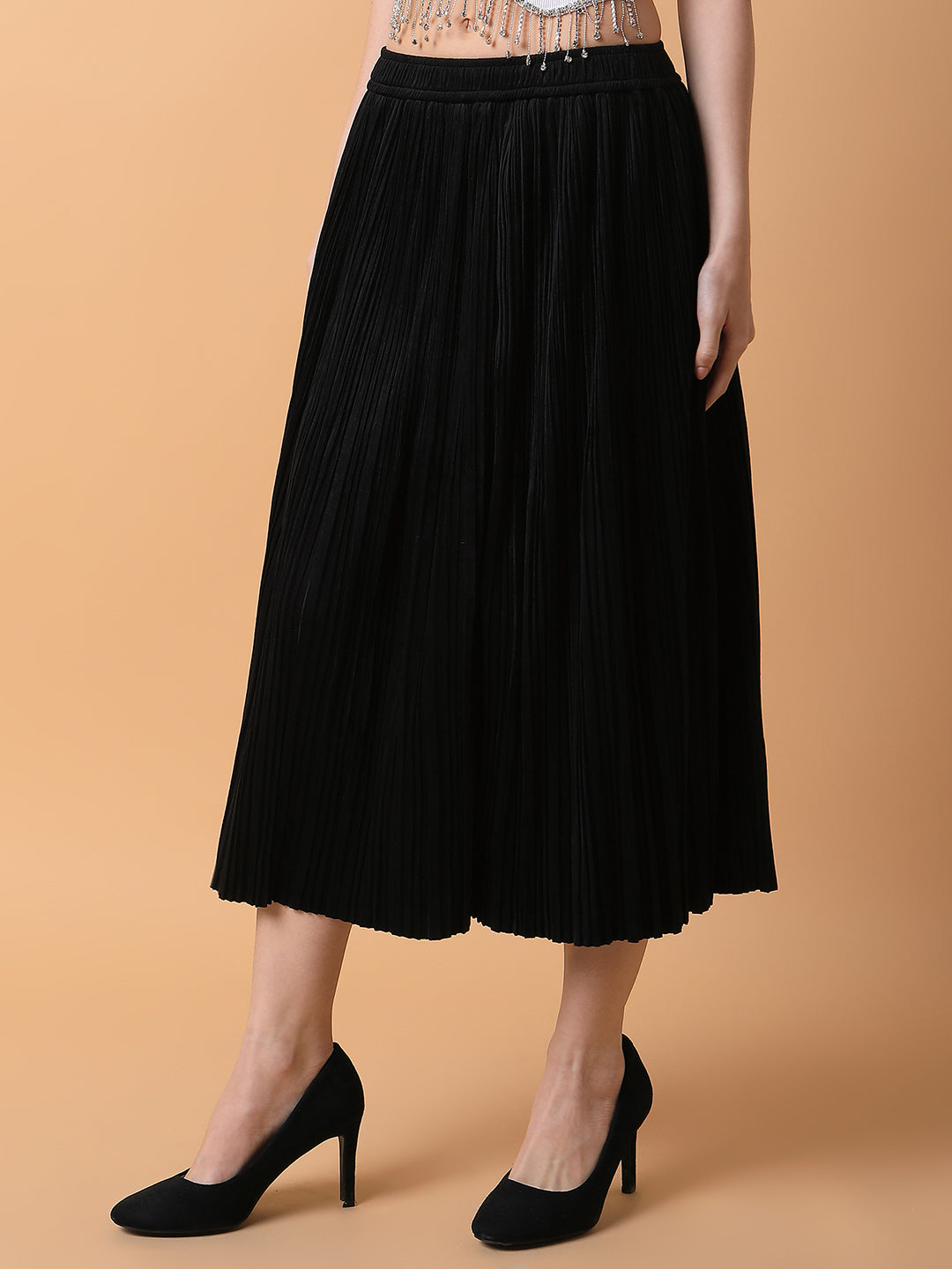 Women Solid Black Flared Midi Skirt