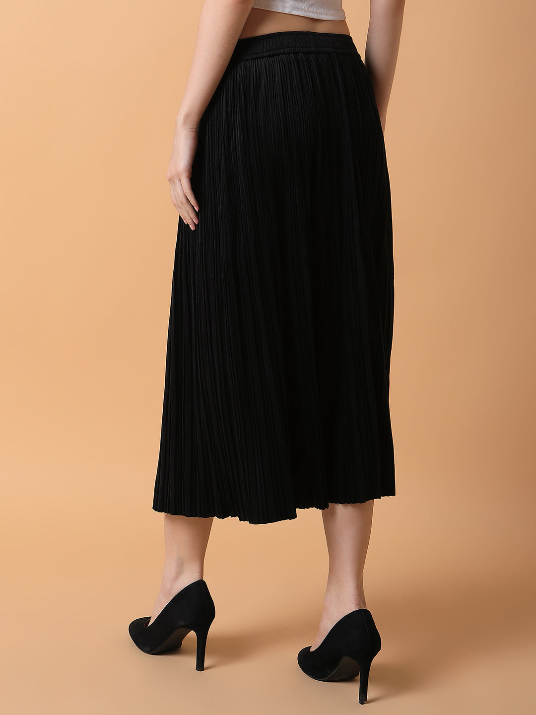 Women Solid Black Flared Midi Skirt