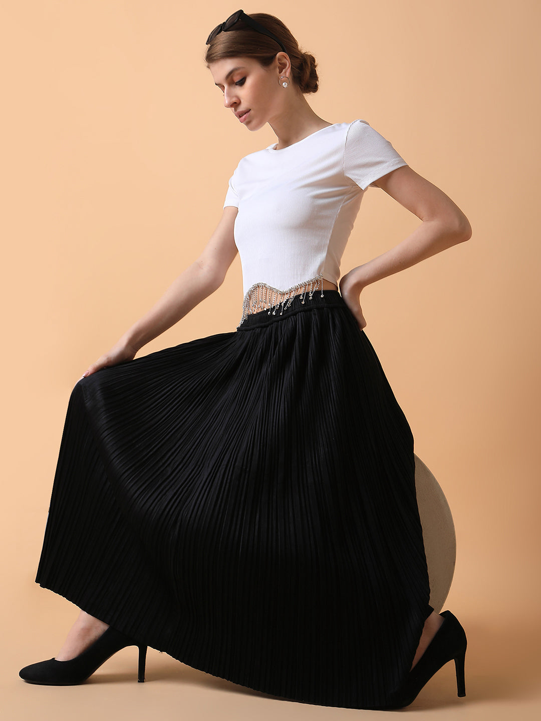 Women Solid Black Flared Midi Skirt