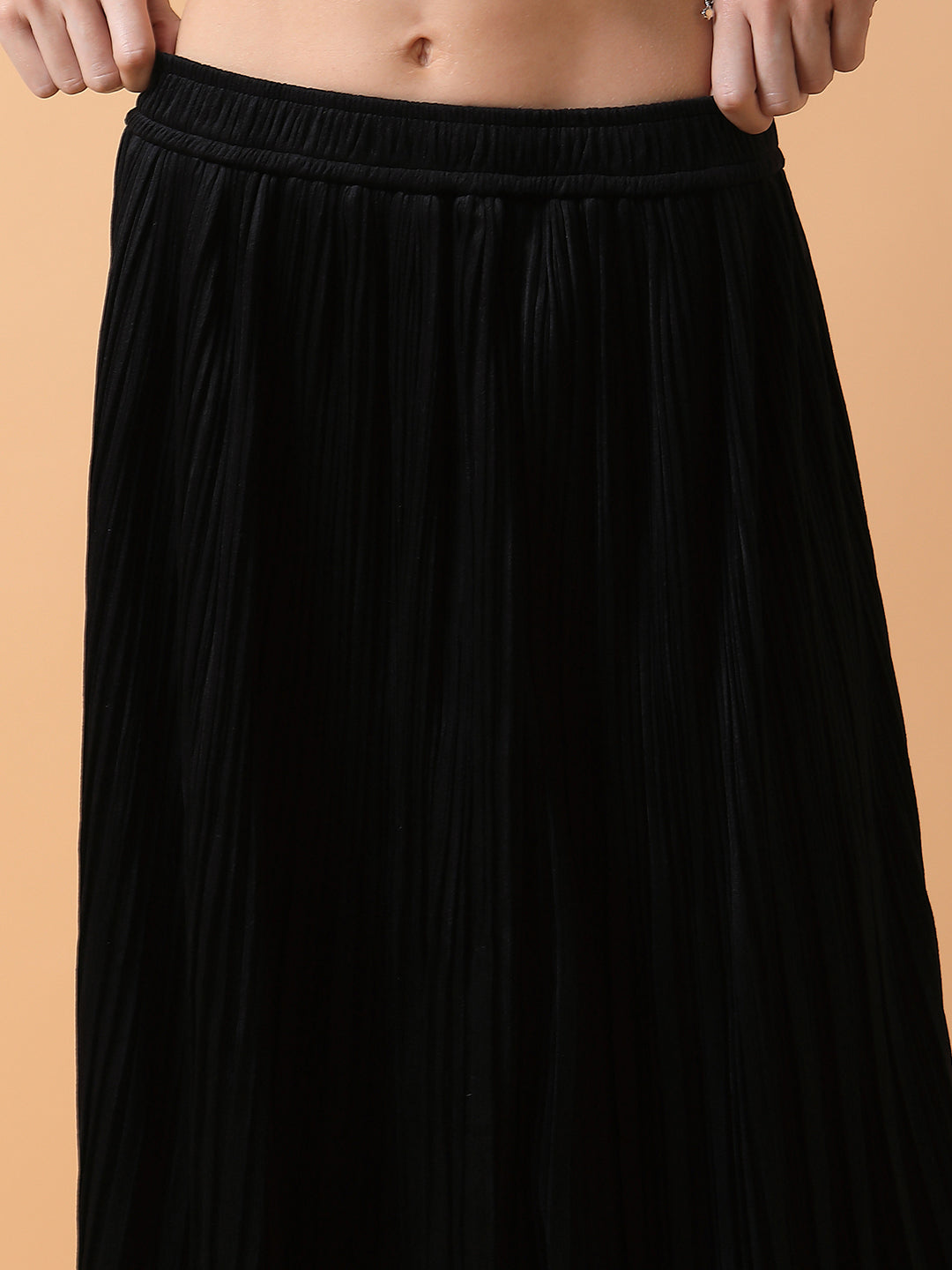 Women Solid Black Flared Midi Skirt