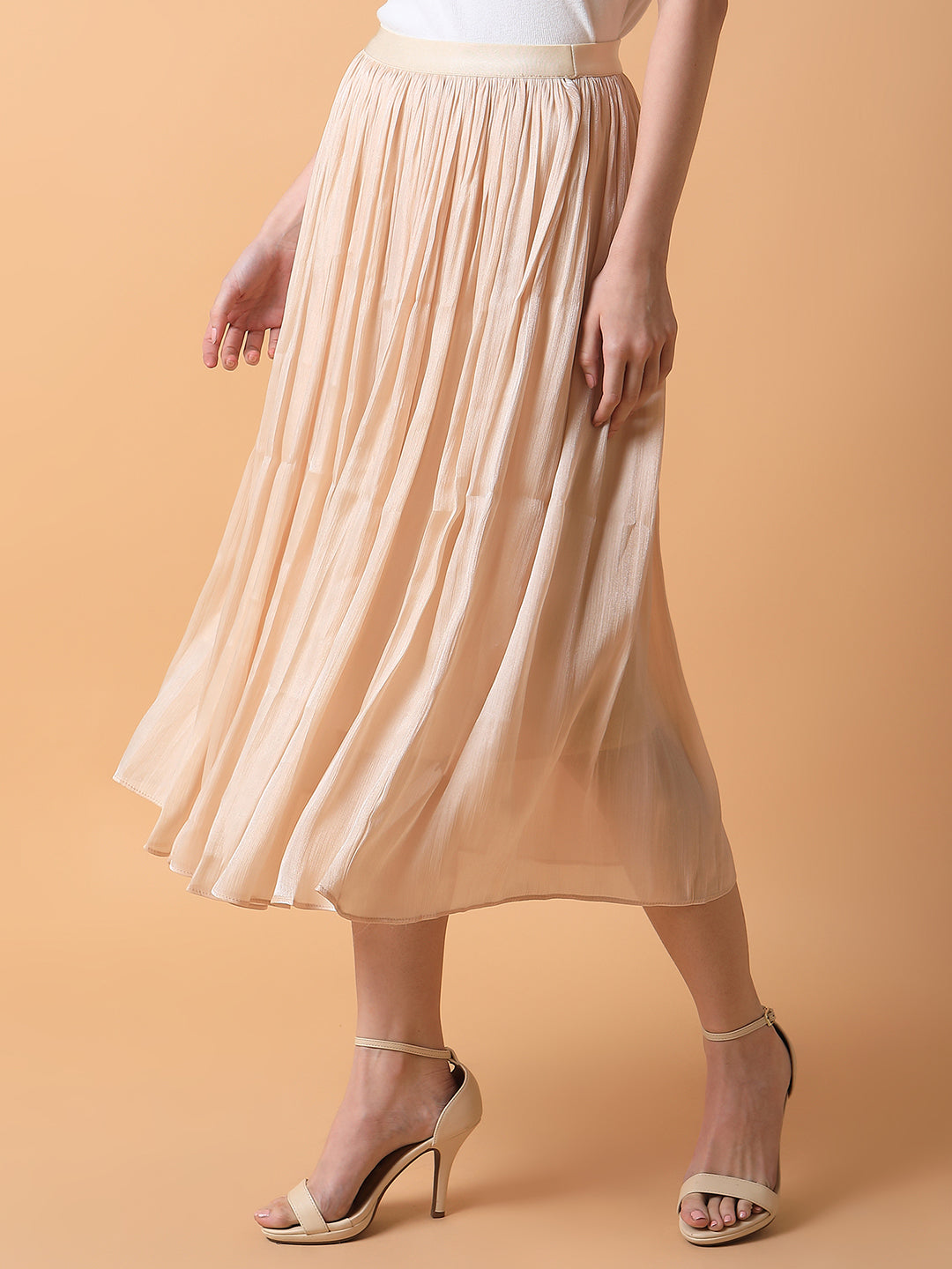 Women Solid Cream Flared Midi Skirt