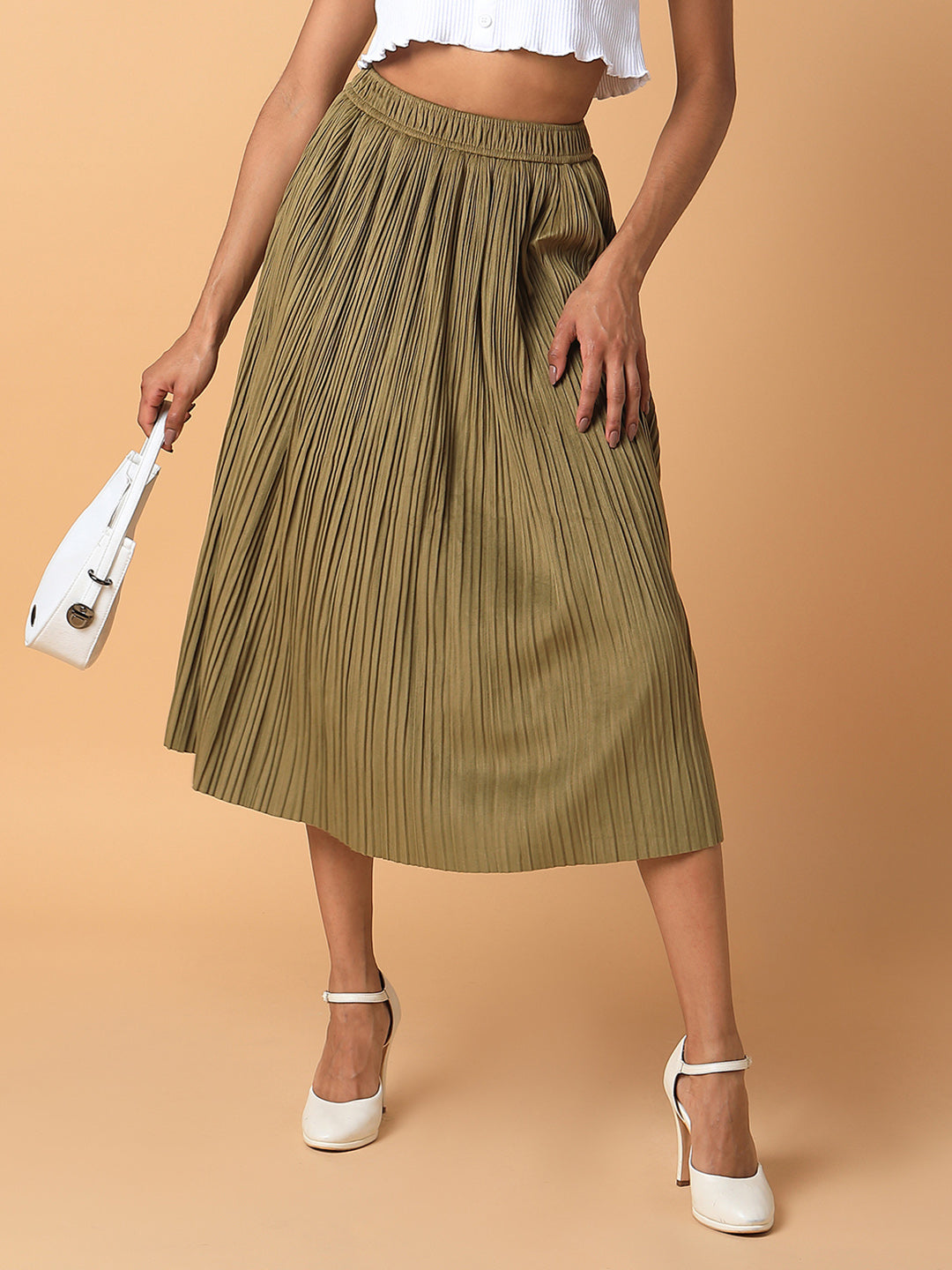 Women Solid Olive Flared Midi Skirt