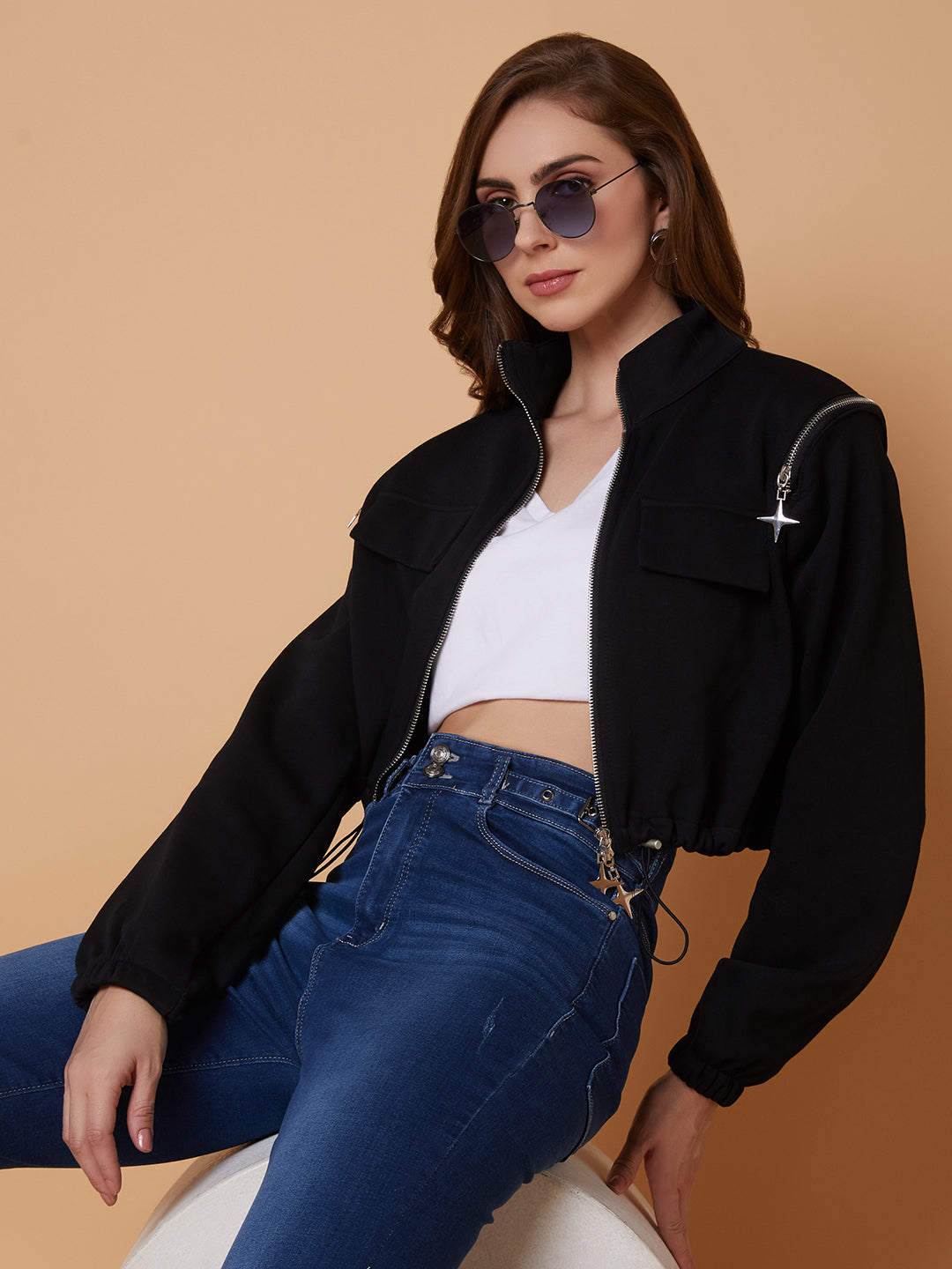 Women Black Oversized Crop Tailored Jacket