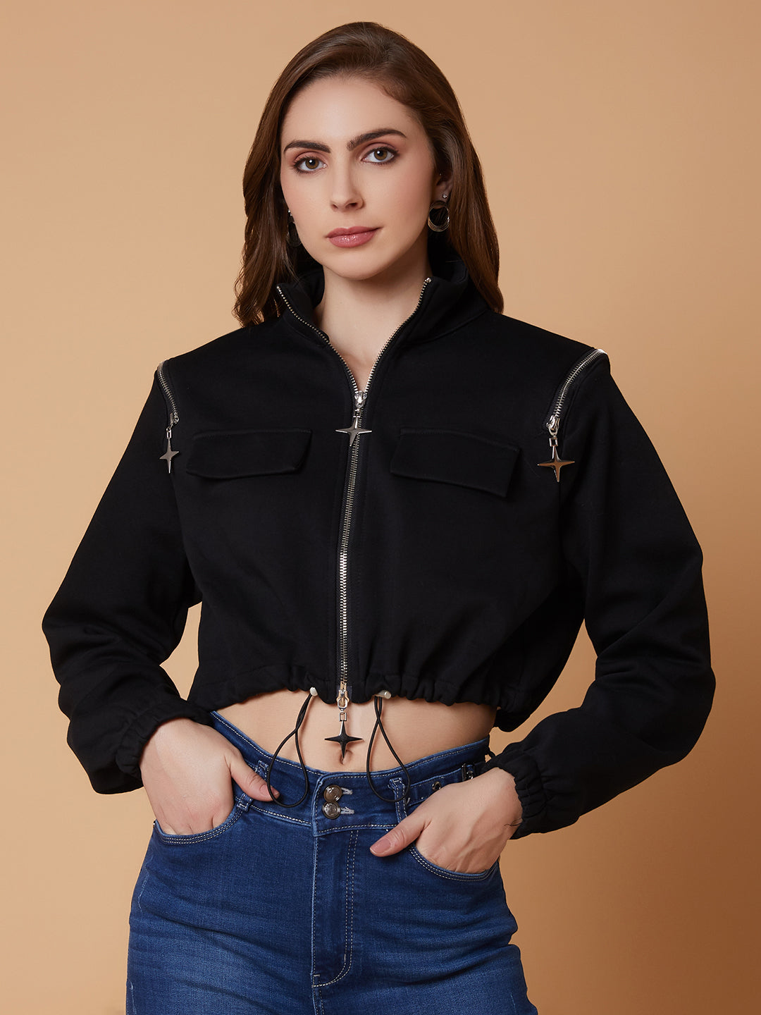 Women Black Oversized Crop Tailored Jacket