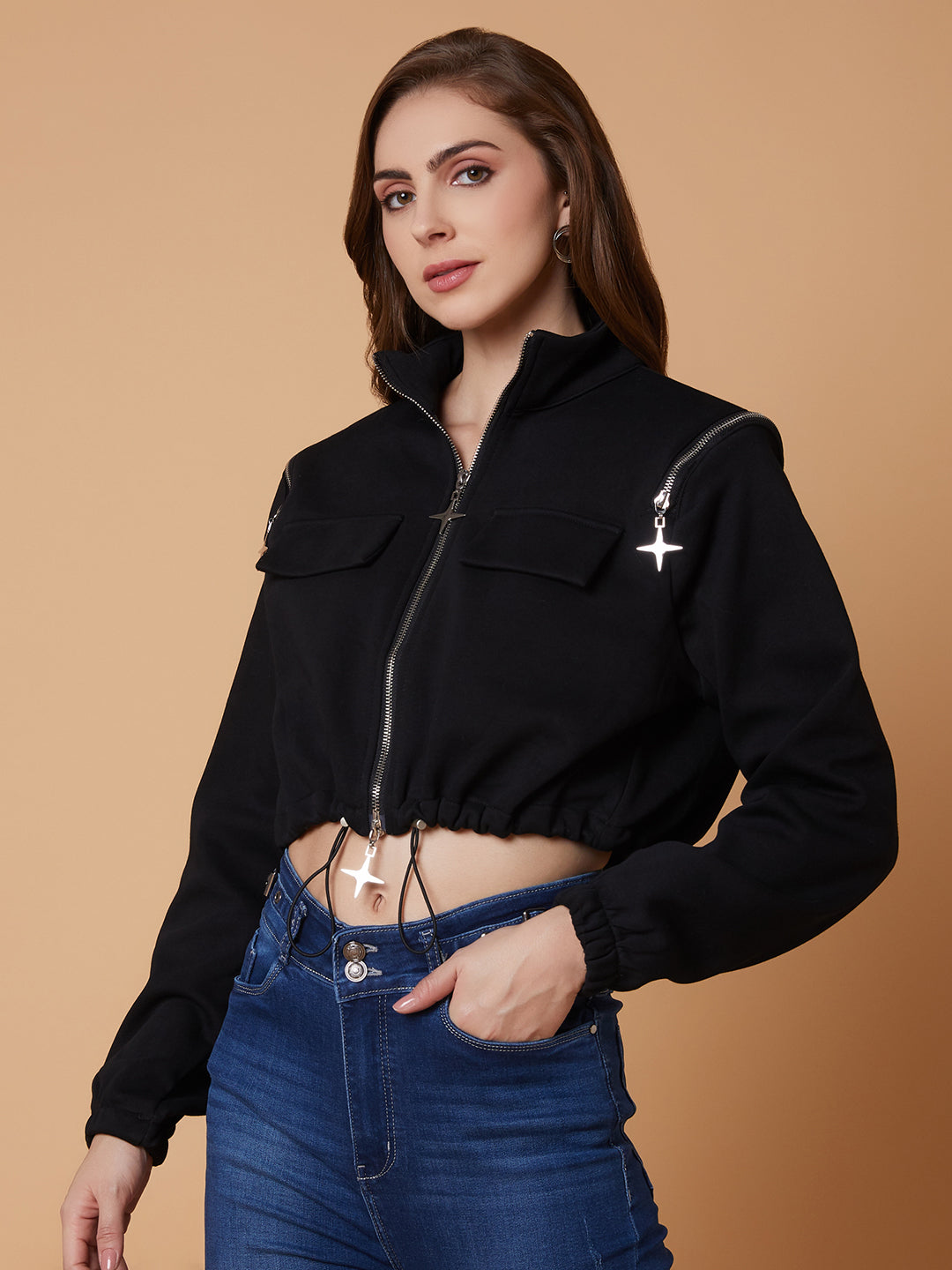 Women Black Oversized Crop Tailored Jacket