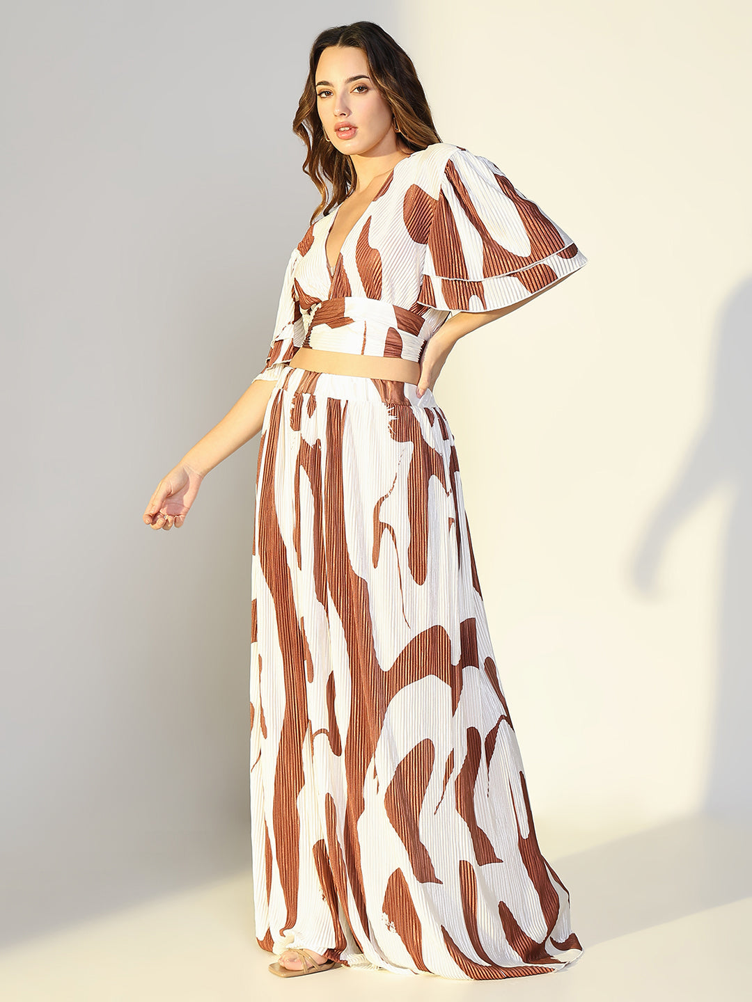 Women's Brown Abstract Print V-Neck Top Co-Ords Set with Skirt
