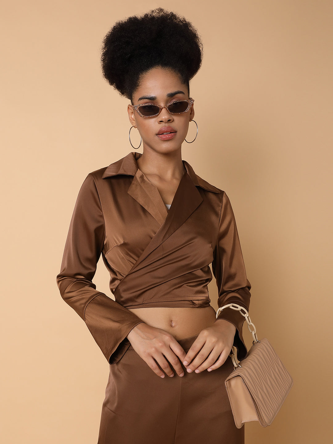 Women Solid Collared Brown Co-Ord Set