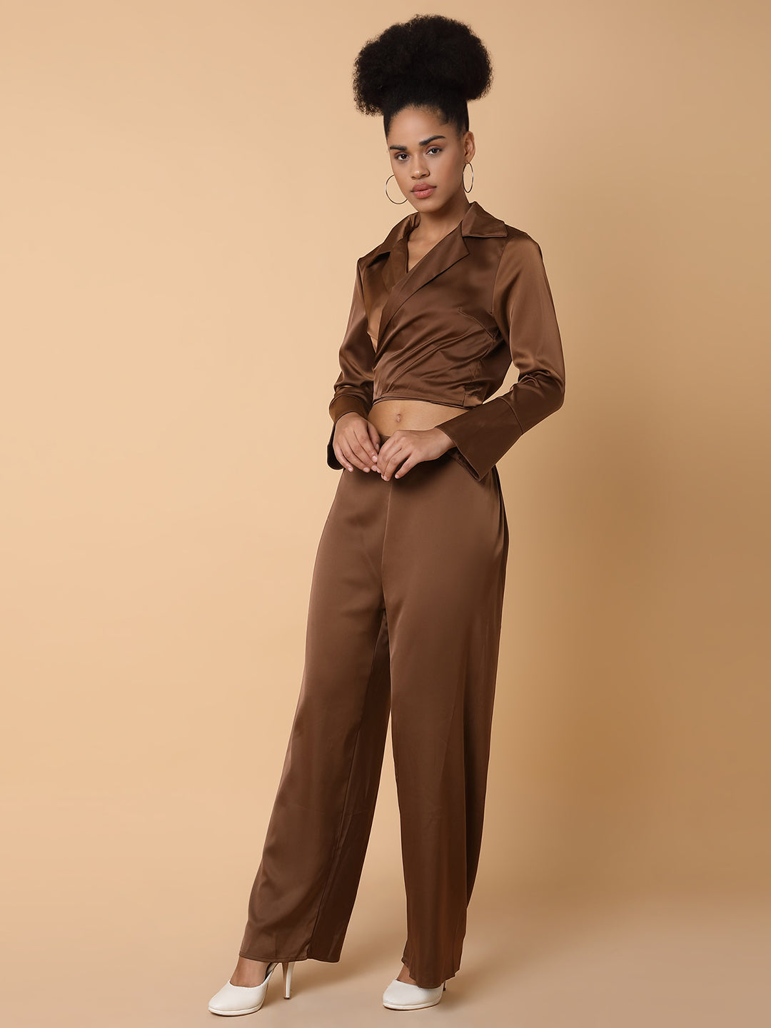 Women Solid Collared Brown Co-Ord Set