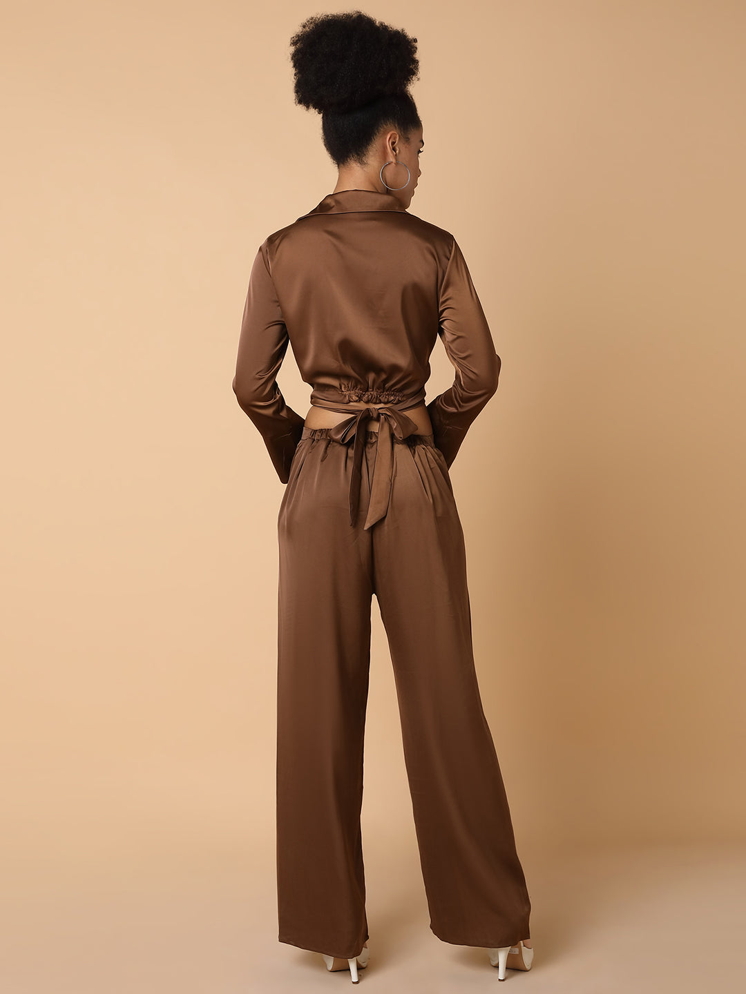 Women Solid Collared Brown Co-Ord Set