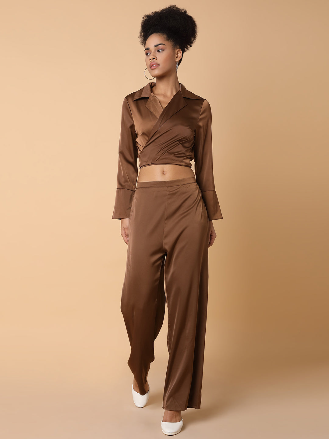 Women Solid Collared Brown Co-Ord Set