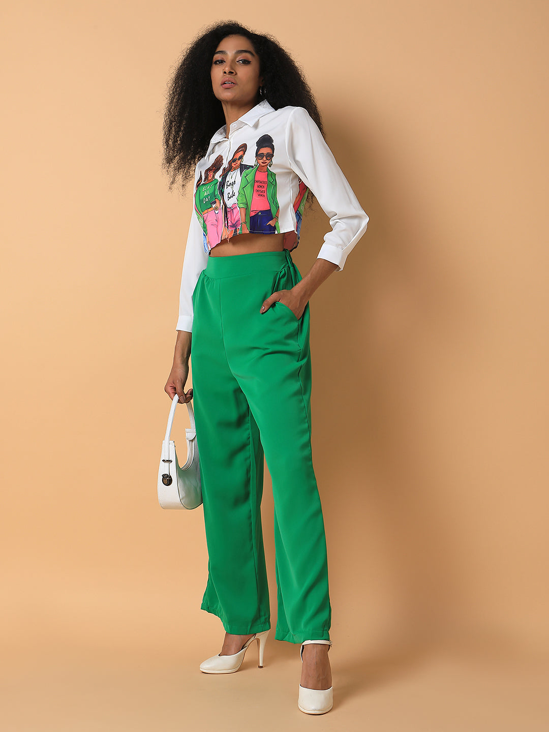 Women Flat Front Solid Green Trousers