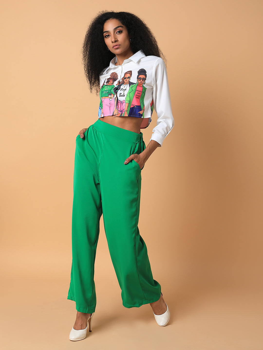 Women Flat Front Solid Green Trousers